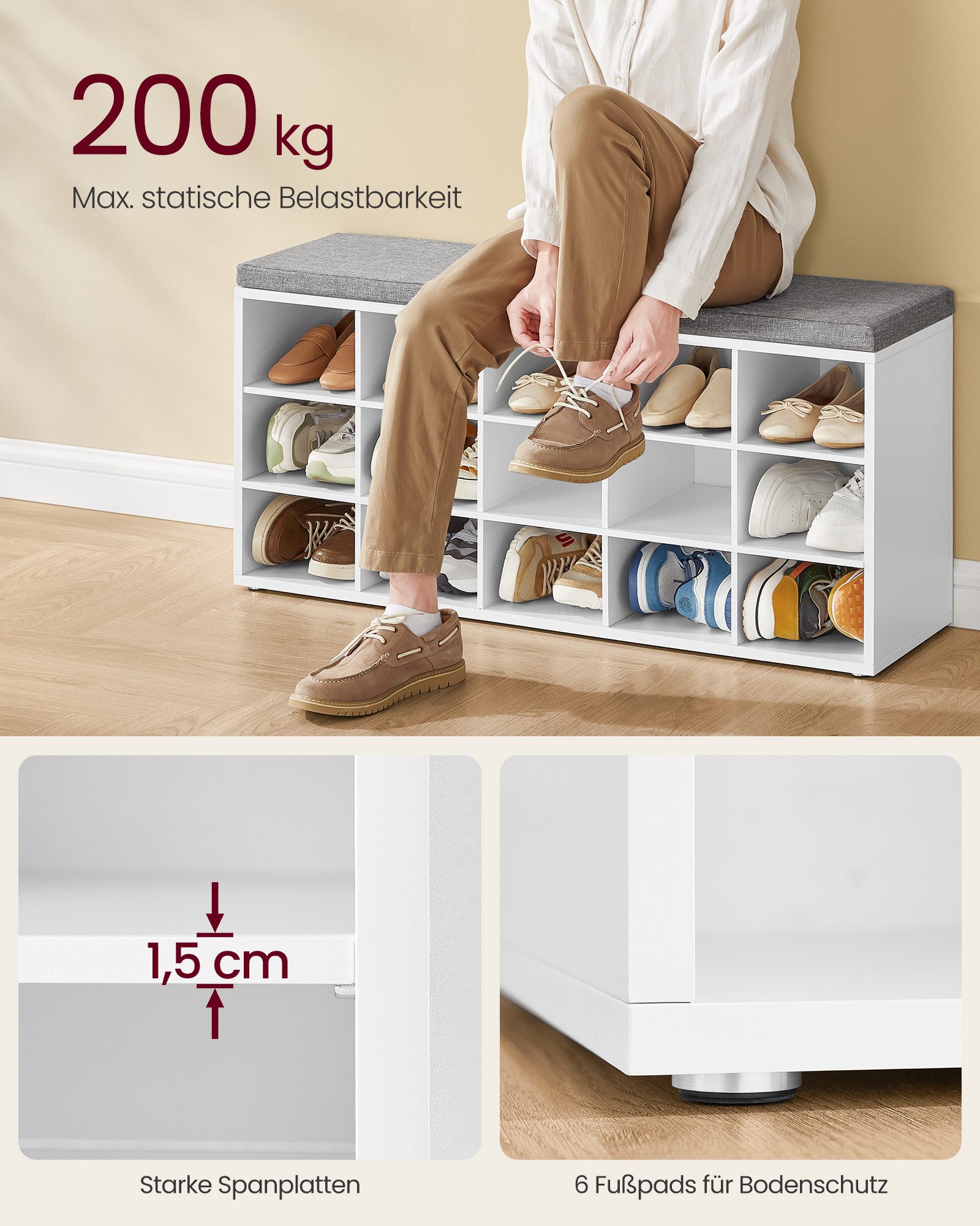 VASAGLE Schuhbank Sitzbank, Schuhregal mit Sitzfläche, mit Kissen und 15 Fächern, 105 x 30 x 48 cm