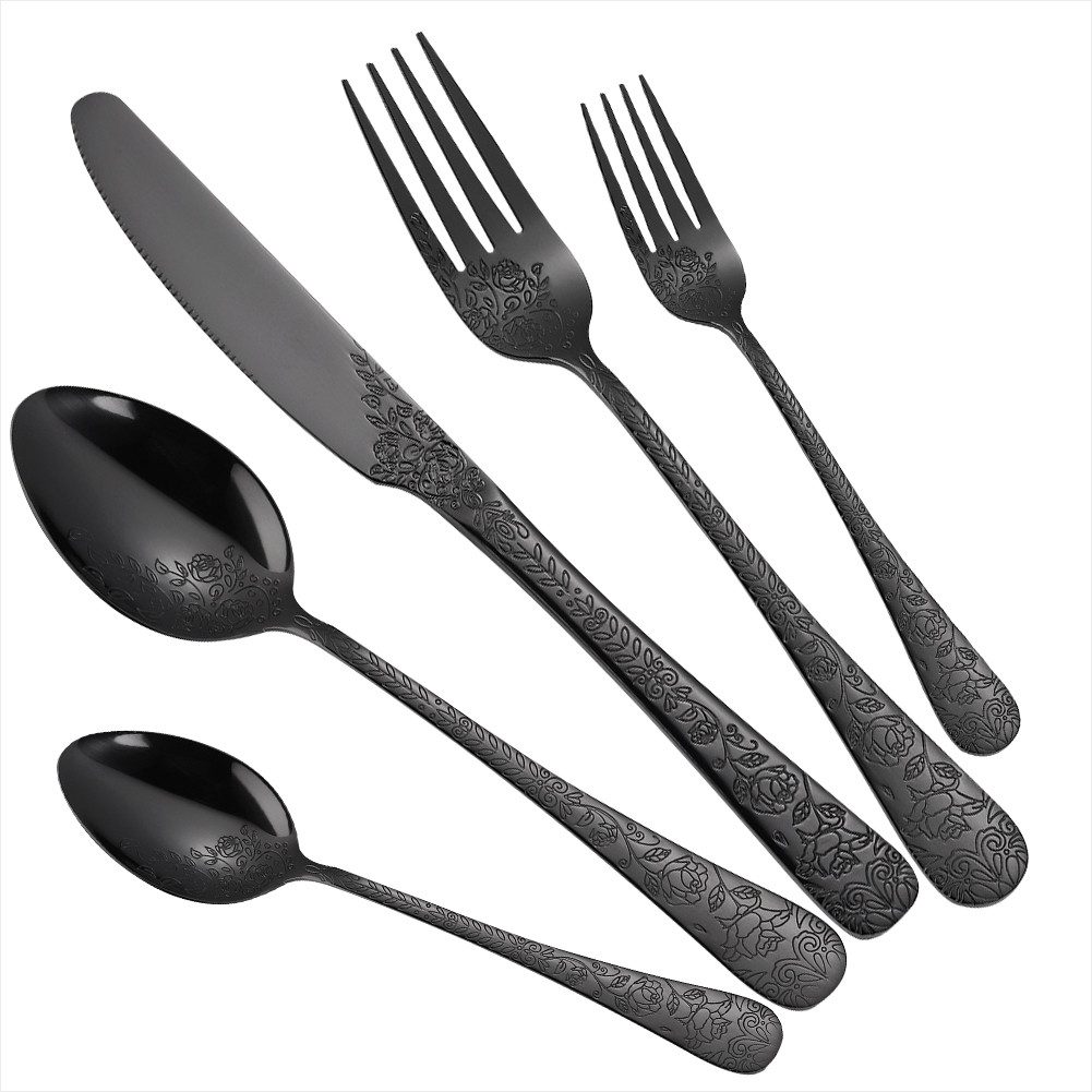 KingLux Besteck-Set 30teilig Schwarz Besteck Set mit Messer Gabel Löffel Spülmaschinenfest (30-tlg), 6 Personen, Edelstahl
