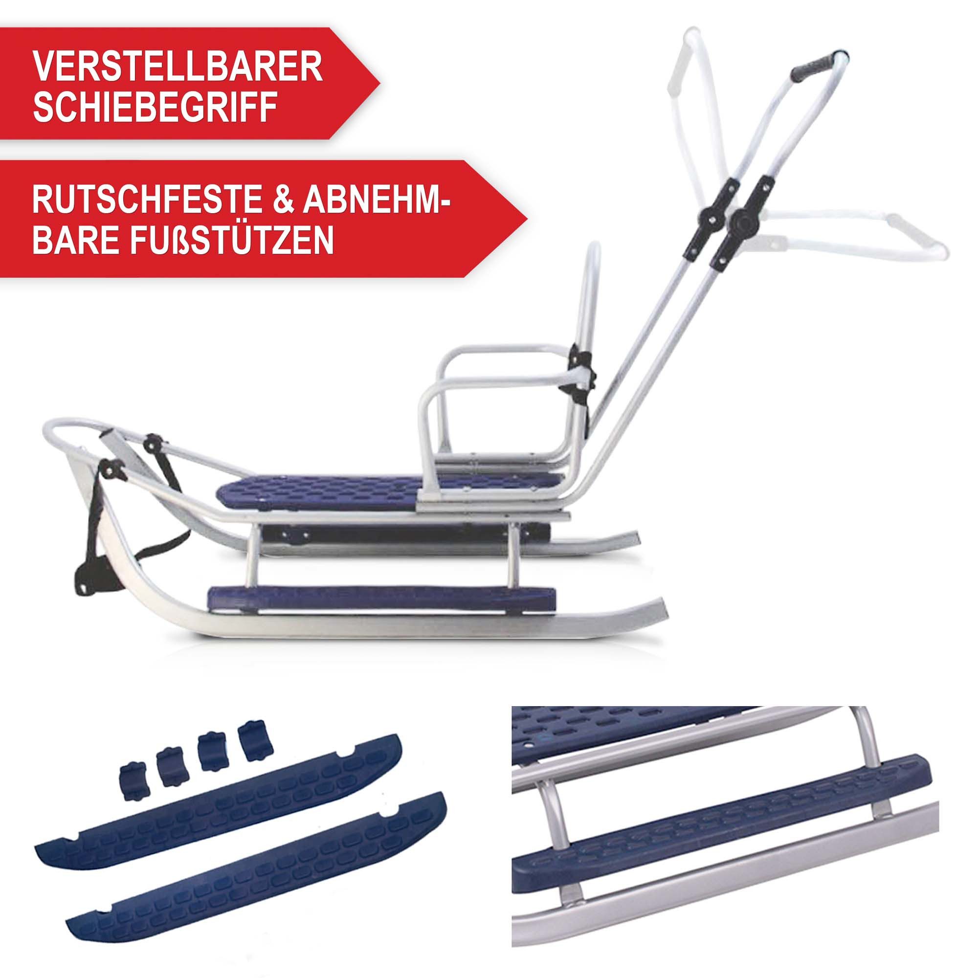 Onbest Schlitten Metallschlitten mit Fußsack Rückenlehne Zugleine, 120 kg, höhenvestellbar, Stahlgestell, Schiebegriff