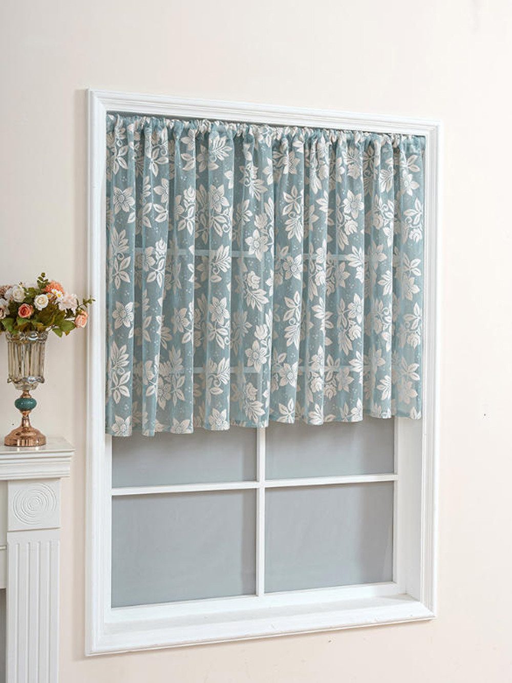 Diwzbyn Vorhang Spitzen Gardine, Halbtransparenter Fenstervorhang mit Blumenmuster (1 St), Scheibengardine als Sichtschutz für Wohnzimmer, Küche – Bild 4 von 5