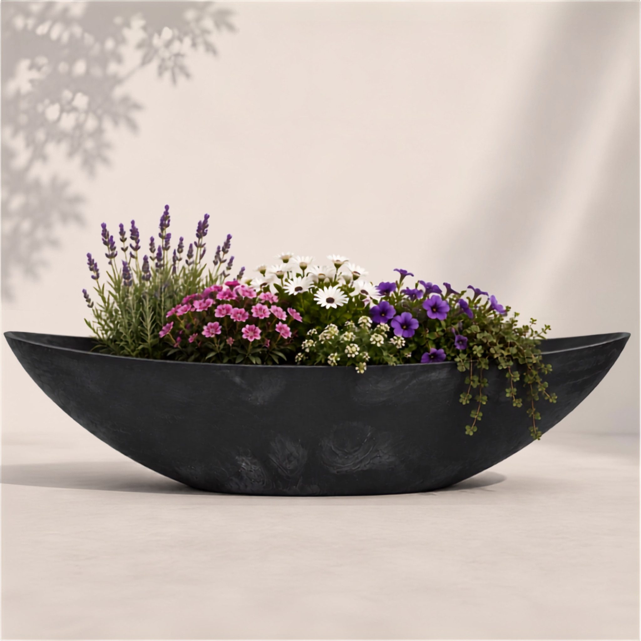 matches21 HOME & HOBBY Blumentopf Große Pflanzschale oval 66 cm für draussen Dekoschale schwarz (1 St), Blumen-Schale als wetterfeste Friedhof-Schale Grab-Schmuck Grabschale
