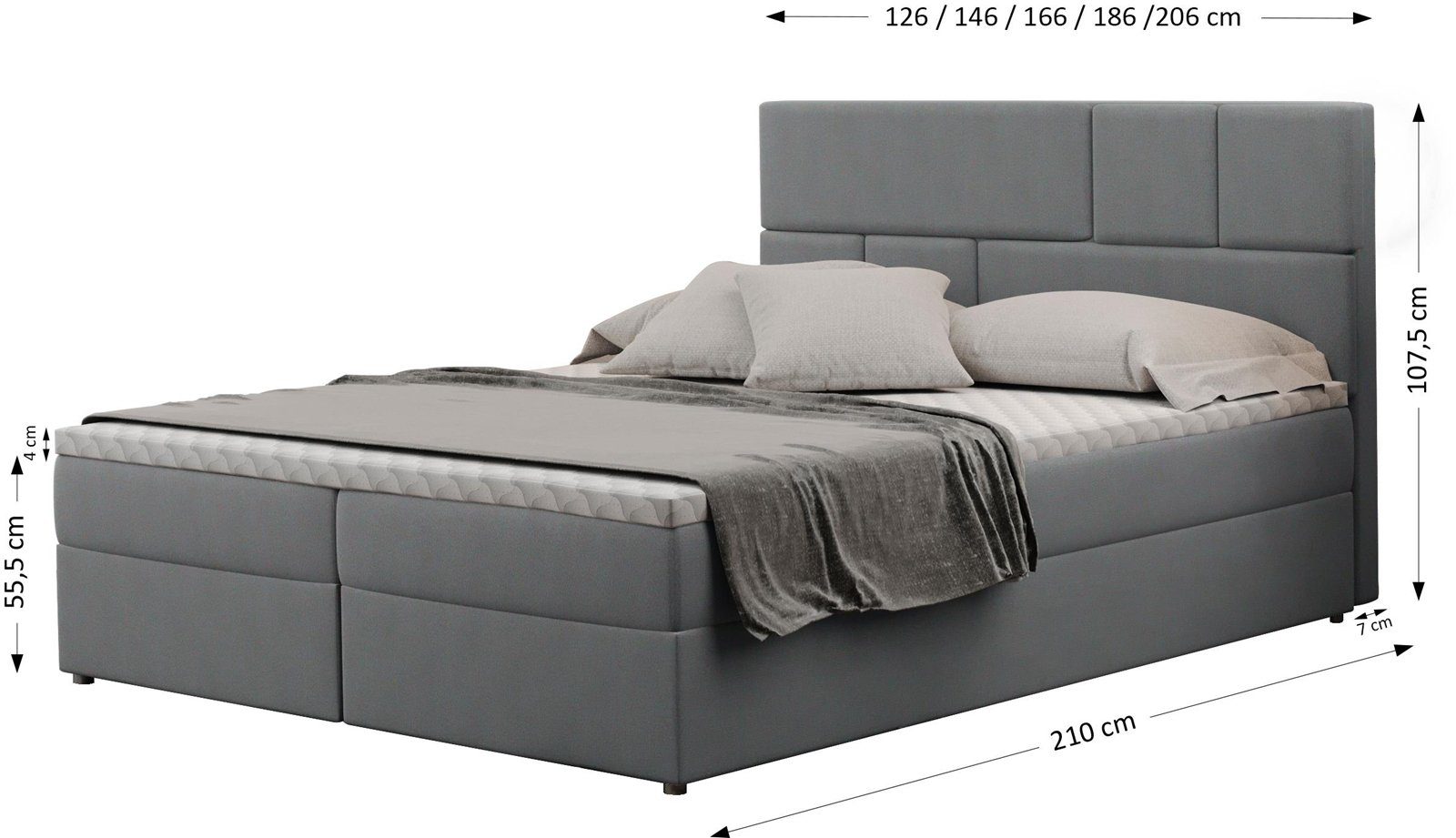 Beautysofa 85) grau BALI, (basel Topper, mit Bett Federkernmatratze, mit Boxspringbett Doppelbett Bettkasten