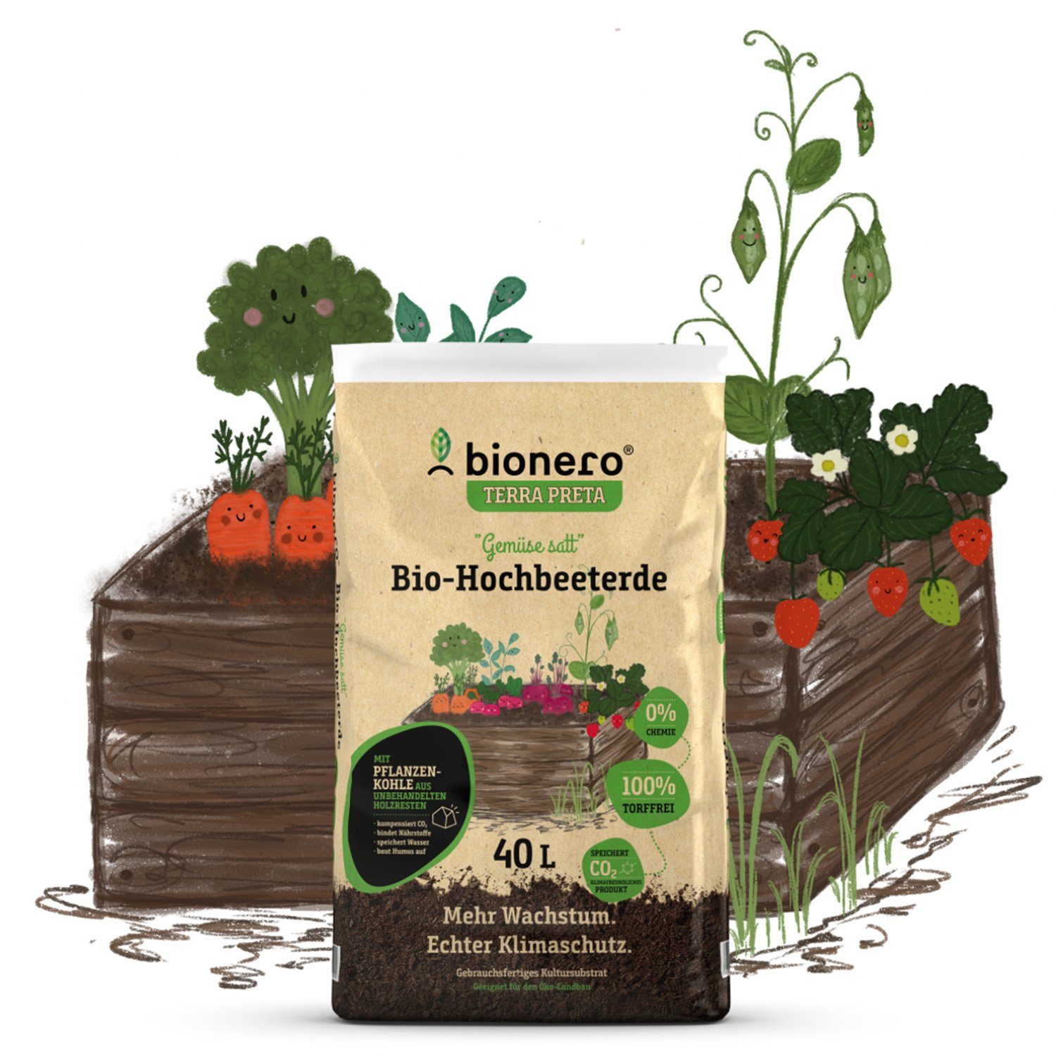 Landshop24 Bio-Erde Bio-Hochbeeterde "Gemüse satt" 40L bionero® Bioerde, mit Nährstoffen, (Sack), Terra Preta Schwarzerde