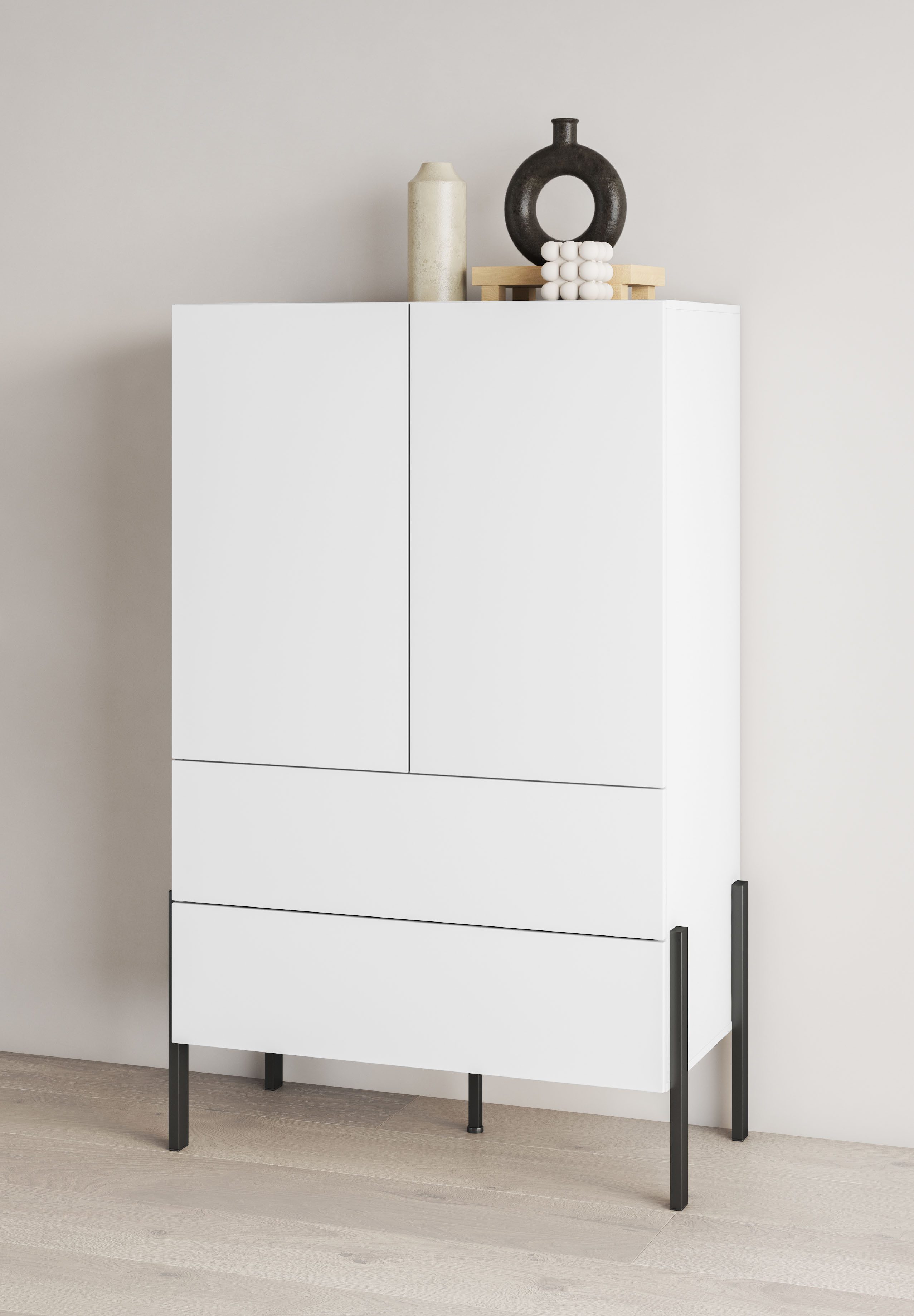 Home affaire Wäscheschrank Jukon, moderner griffloser Kleiderschrank, Metallfüsse, Made in Europe (90x150x50, ideal für kleine Räume oder Nischen) Mehrzweckschrank,2 Schubladen, 2 Türen, FSC-zertifiziert