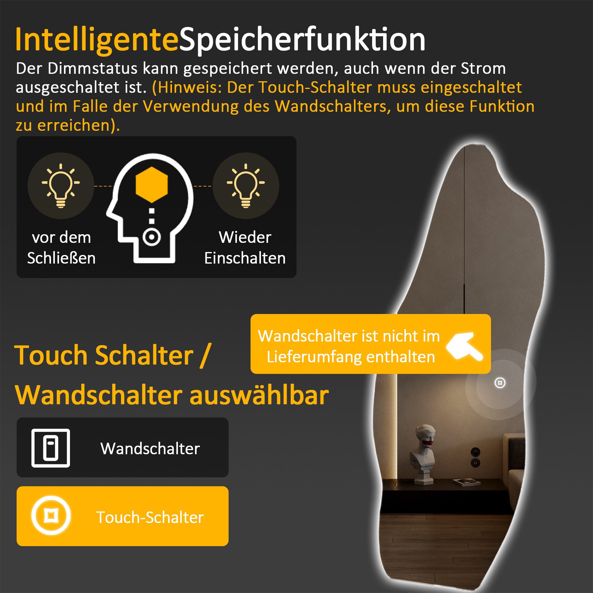 WDWRITTI Dekospiegel rahmenlos Ganzkörperspiegel mit Beleuchtung gross 165x60cm (Wandspiegel Kalt/Neutral/Warmweiß, Helligkeit dimmbar, Speicherfunktion), mit N – Bild 5 von 5