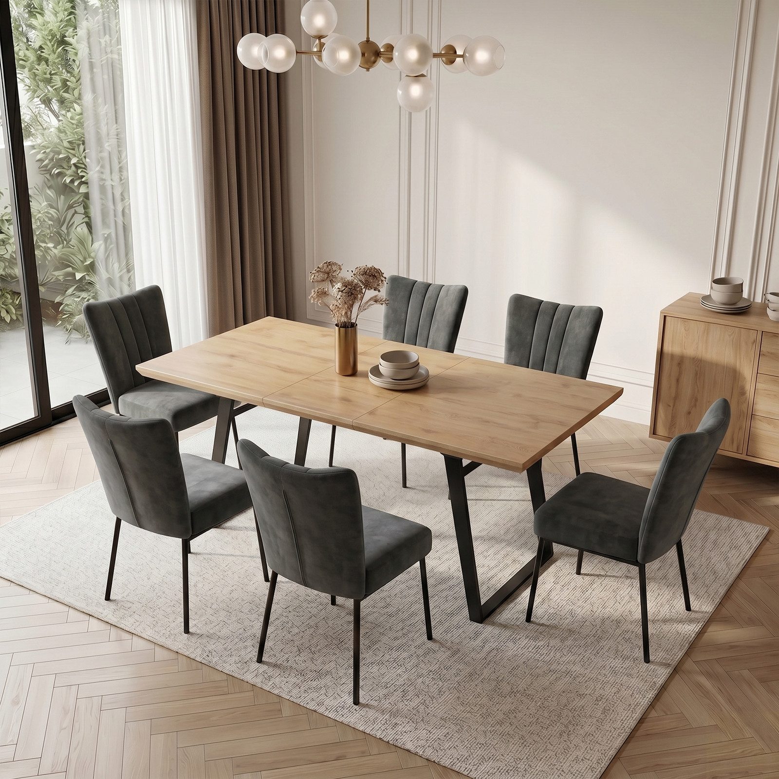 Jiexi Essgruppe Essgruppe ausziehbar MDF Eiche-Optik Tisch mit Samtstühlen – Bild 2 von 5