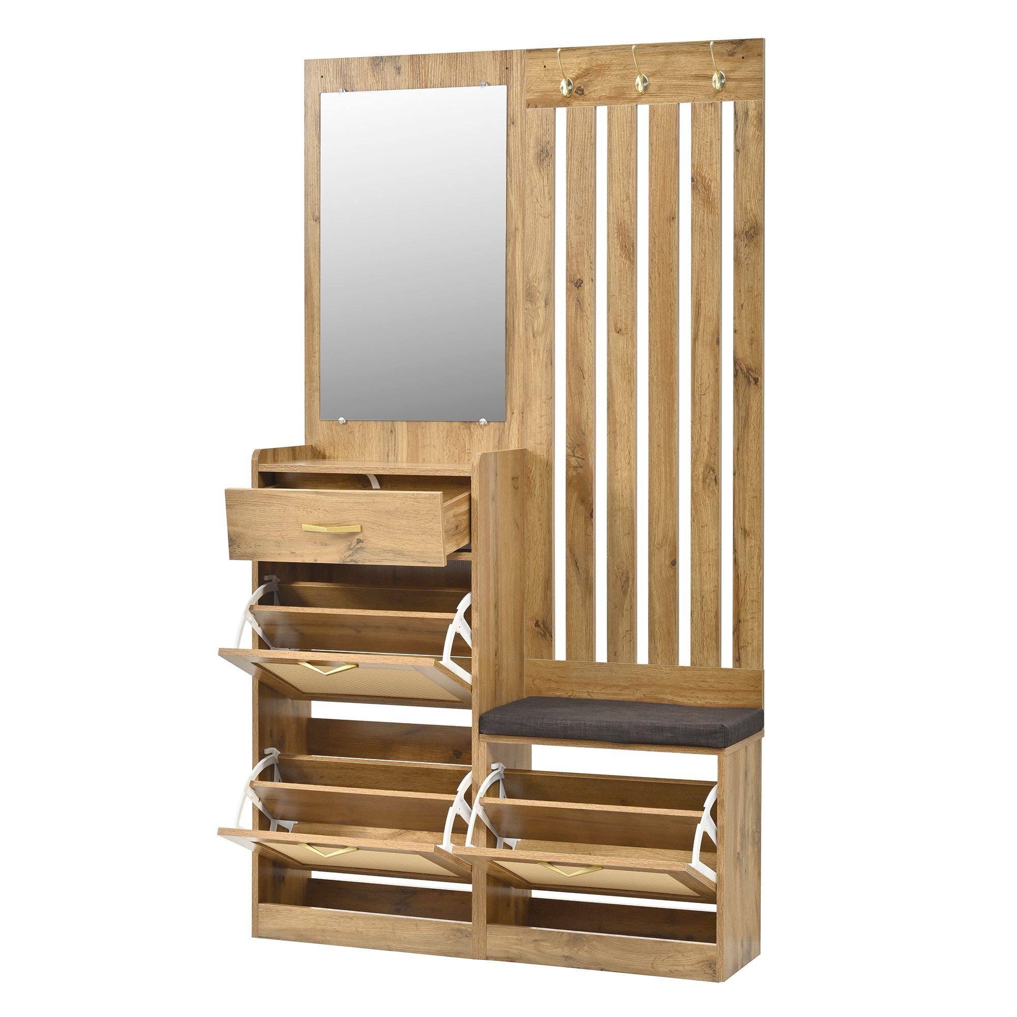 Merax Kompaktgarderobe mit Rattanoptik, Spiegel & Sitzbank (1-St) Garderoben-Set schmale Flurgarderobe mit Schuhschrank,Haken & Stauraum