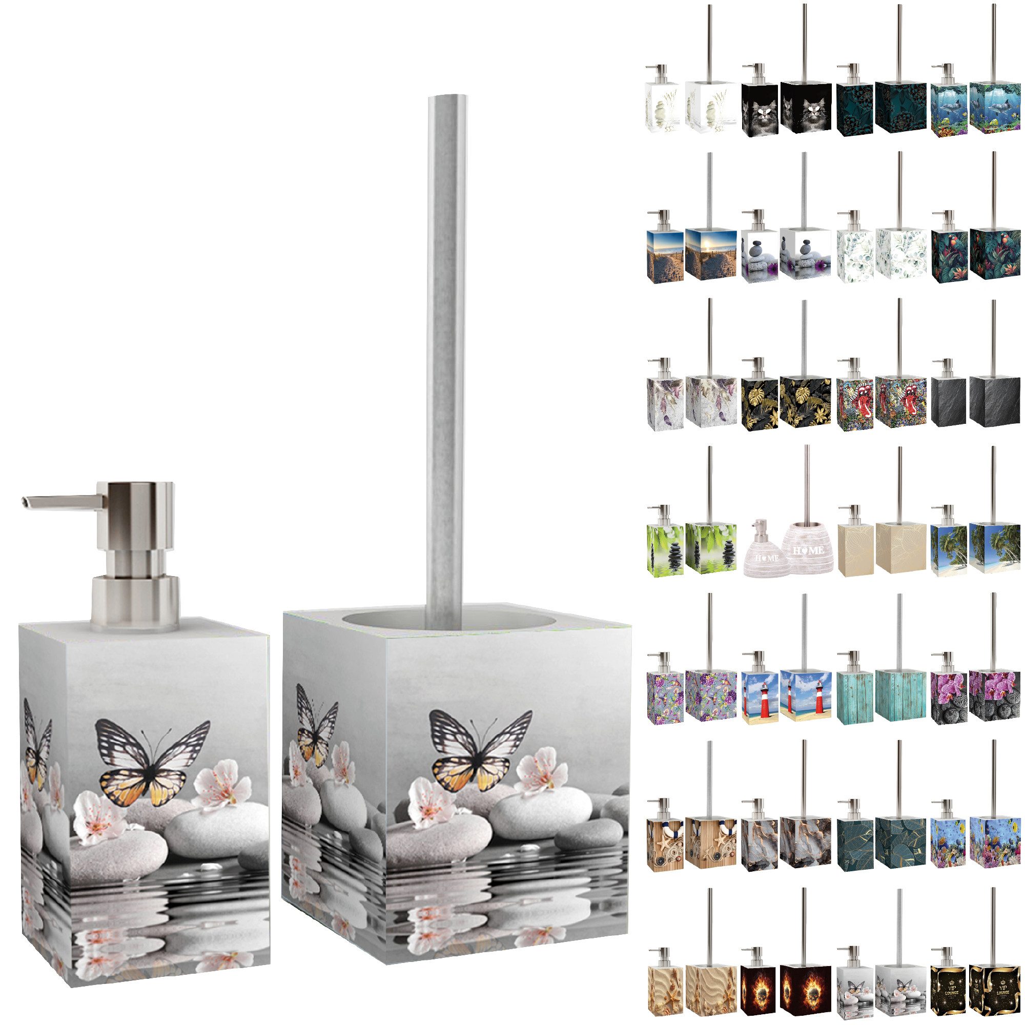 Sanilo Badaccessoire-Set mit Motiv, viele schöne Seifenspender und WC Bürsten zur Auswahl, Klobürste mit auswechselbaren Bürstenkopf, 2 tlg., 2-tlg., Desinfektionsspender mit stabiler Pumpe, hochwertig & modern