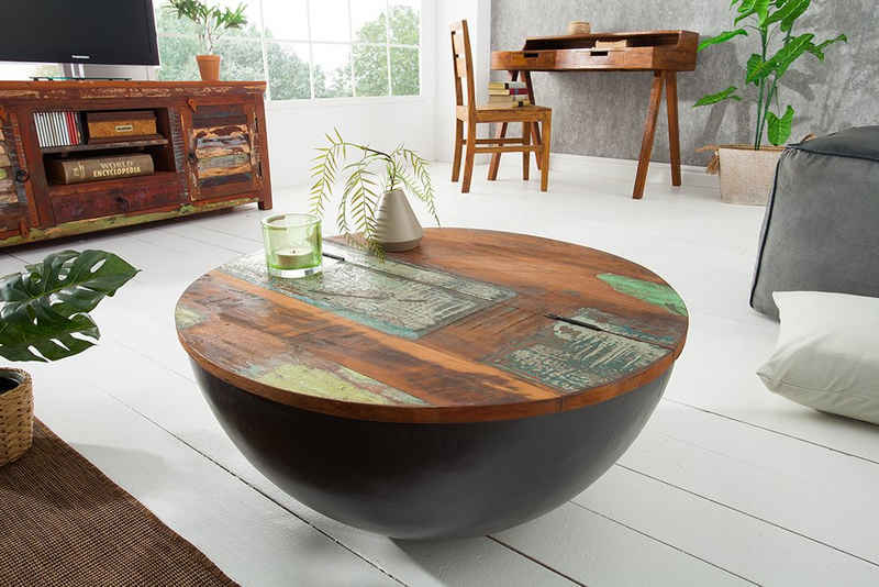 riess-ambiente Couchtisch JAKARTA 70cm grau / natur, Wohnzimmer · recyceltes Massivholz · rund · mit Fach · Metall · Boho