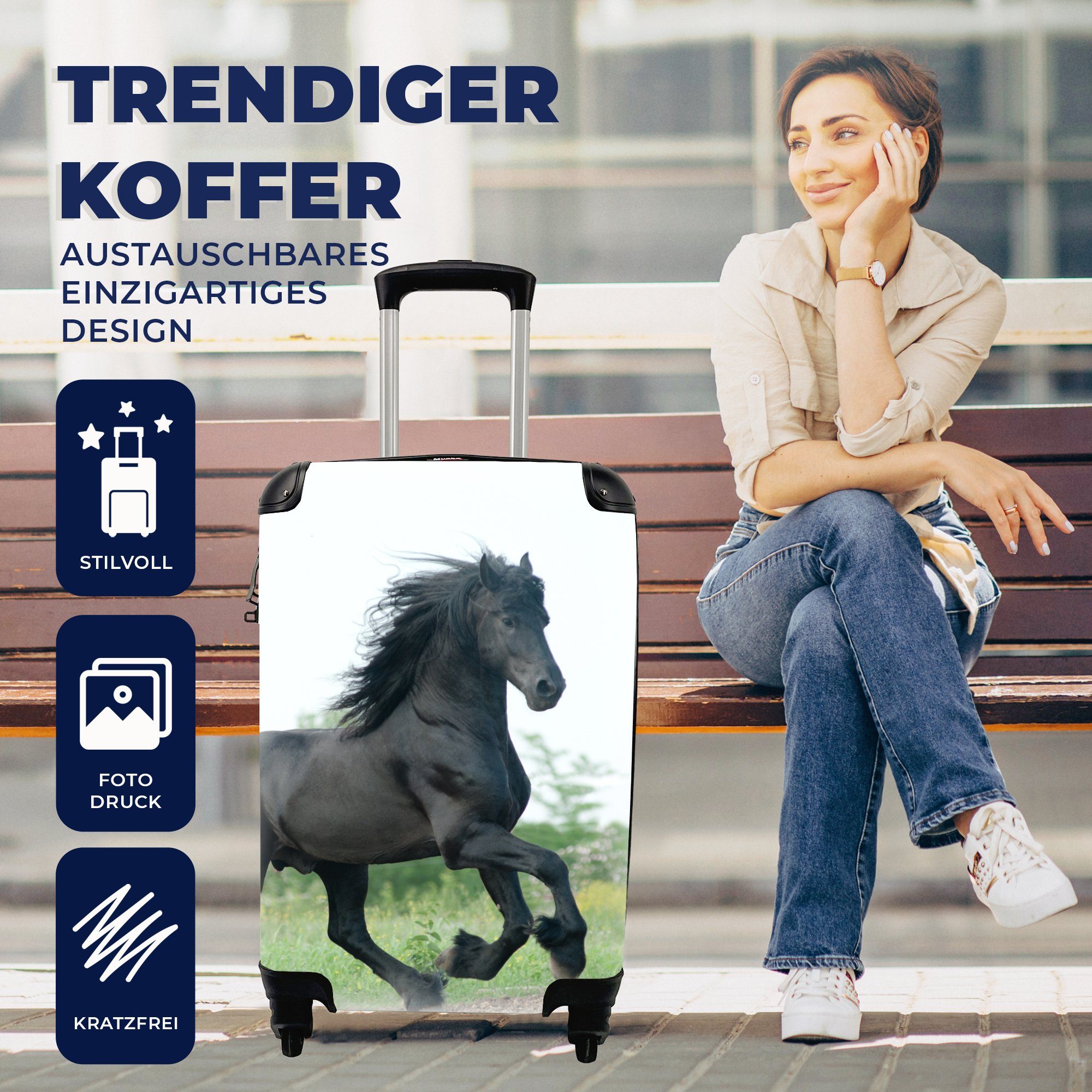 Ferien, mit Reisekoffer Handgepäck 4 Pferd Rollen, rollen, Handgepäckkoffer Schwarz Natur, Reisetasche Trolley, für - - MuchoWow