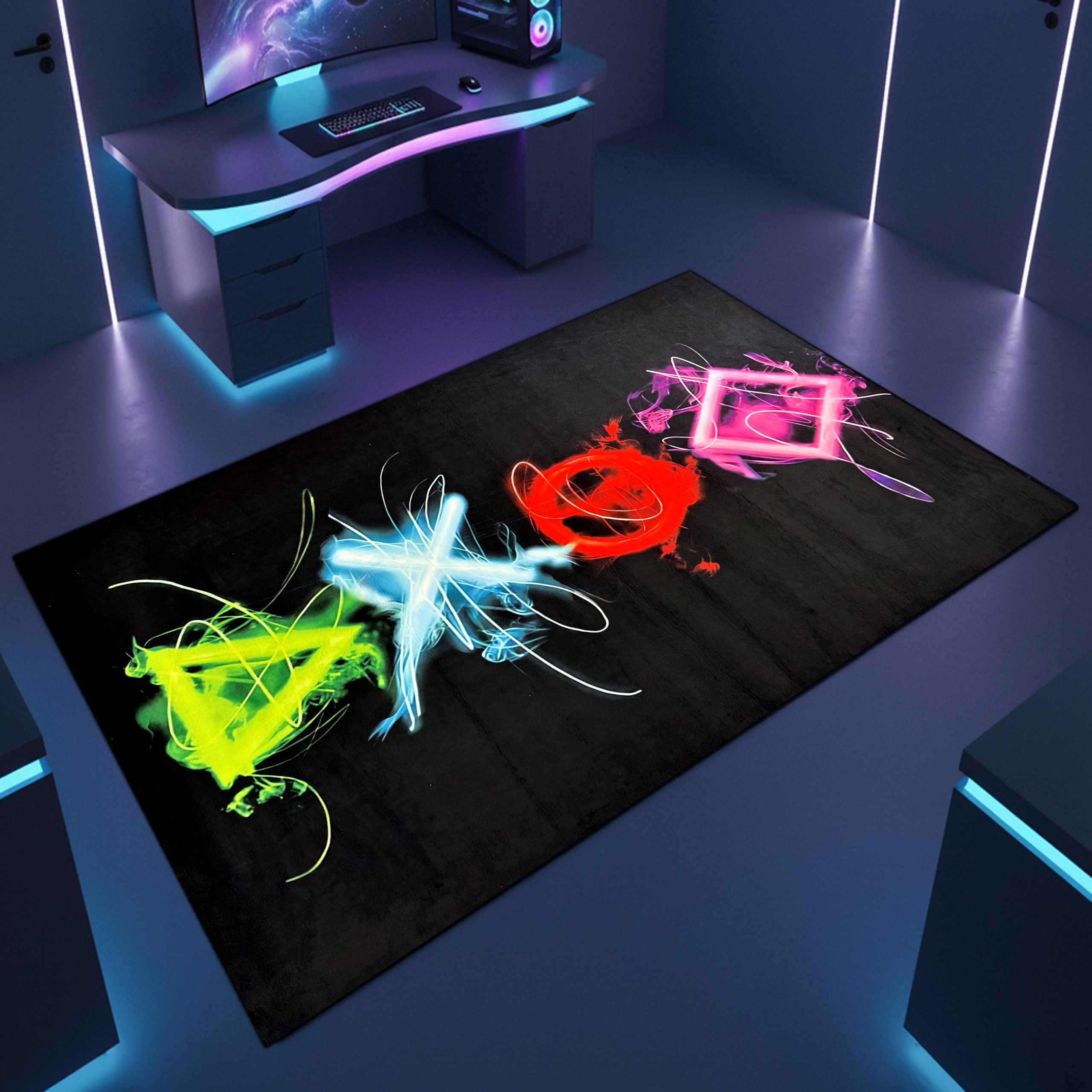 TeppichHome24 Teppich Gaming Teppich mit neonfarbigen Symbolen, rund, pflegeleicht, gleichmäßige Oberfläche, für Fußbodenheizung geeignet