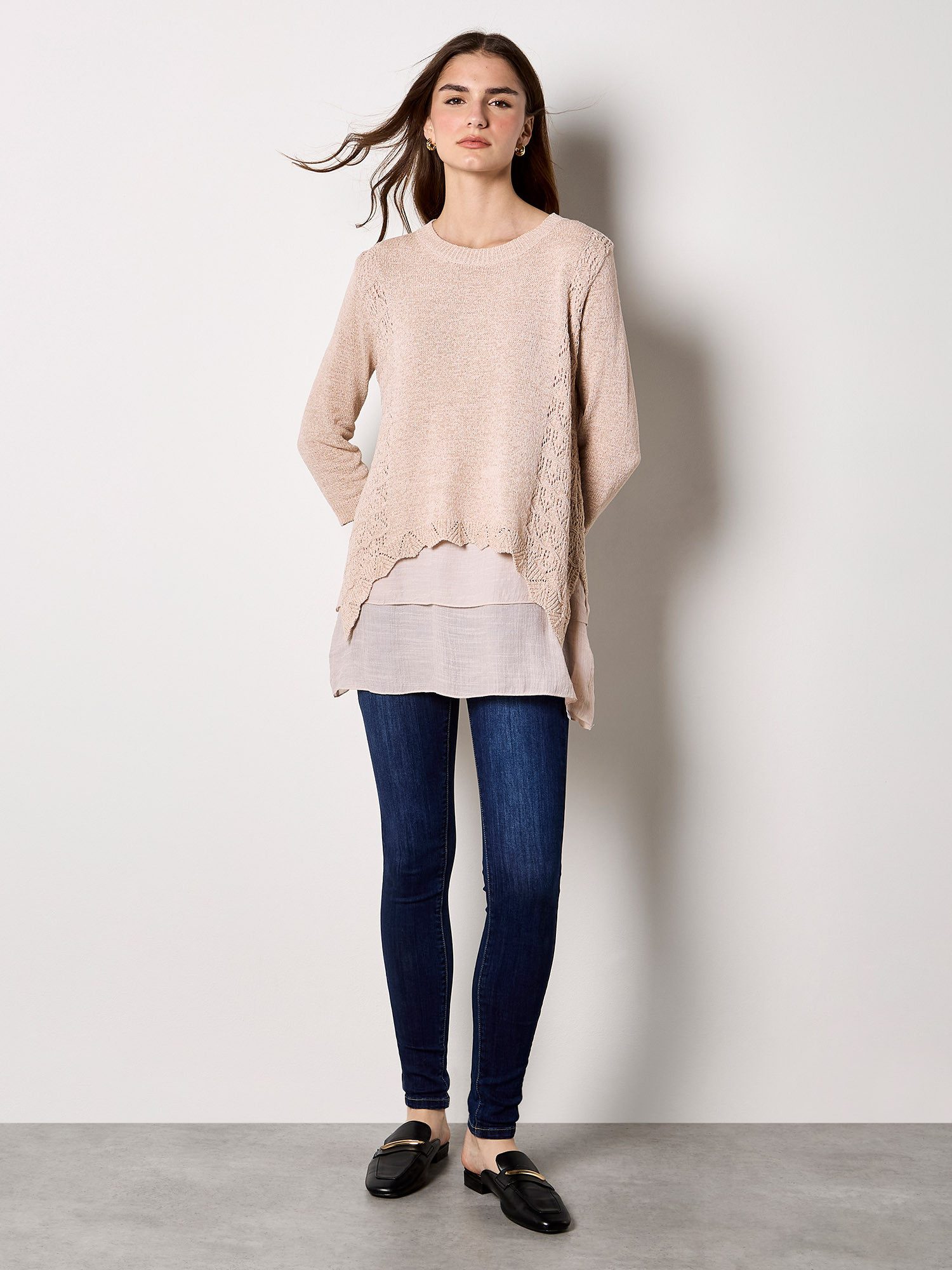 Apricot Spitzenshirt Glänzendes Mesh-Tunika-Oberteil mit strukturierter Oberfläche