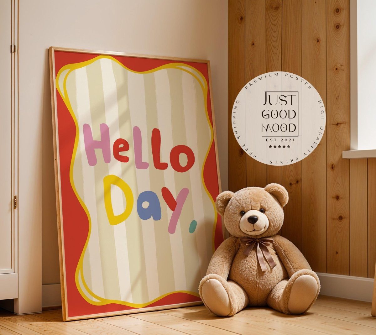 JUSTGOODMOOD Poster Kinderzimmer Hello Day Schriftzug Fröhliches Spruchposter in bunten Fa, (1 St)