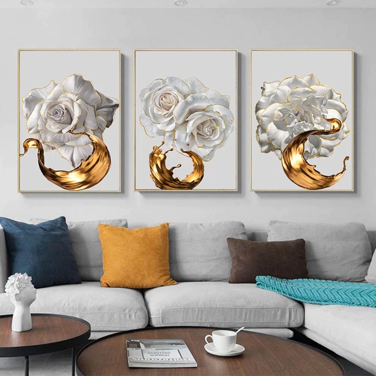 TPFLiving Kunstdruck (OHNE RAHMEN) Poster - Leinwand - Wandbild, Weiße Rose mit goldenem Blatt - (3 Motive und in 19 Größen zur Auswahl - Günstiges 3-er Set), Farben: Gold, Weiß - Größe: 13x18cm