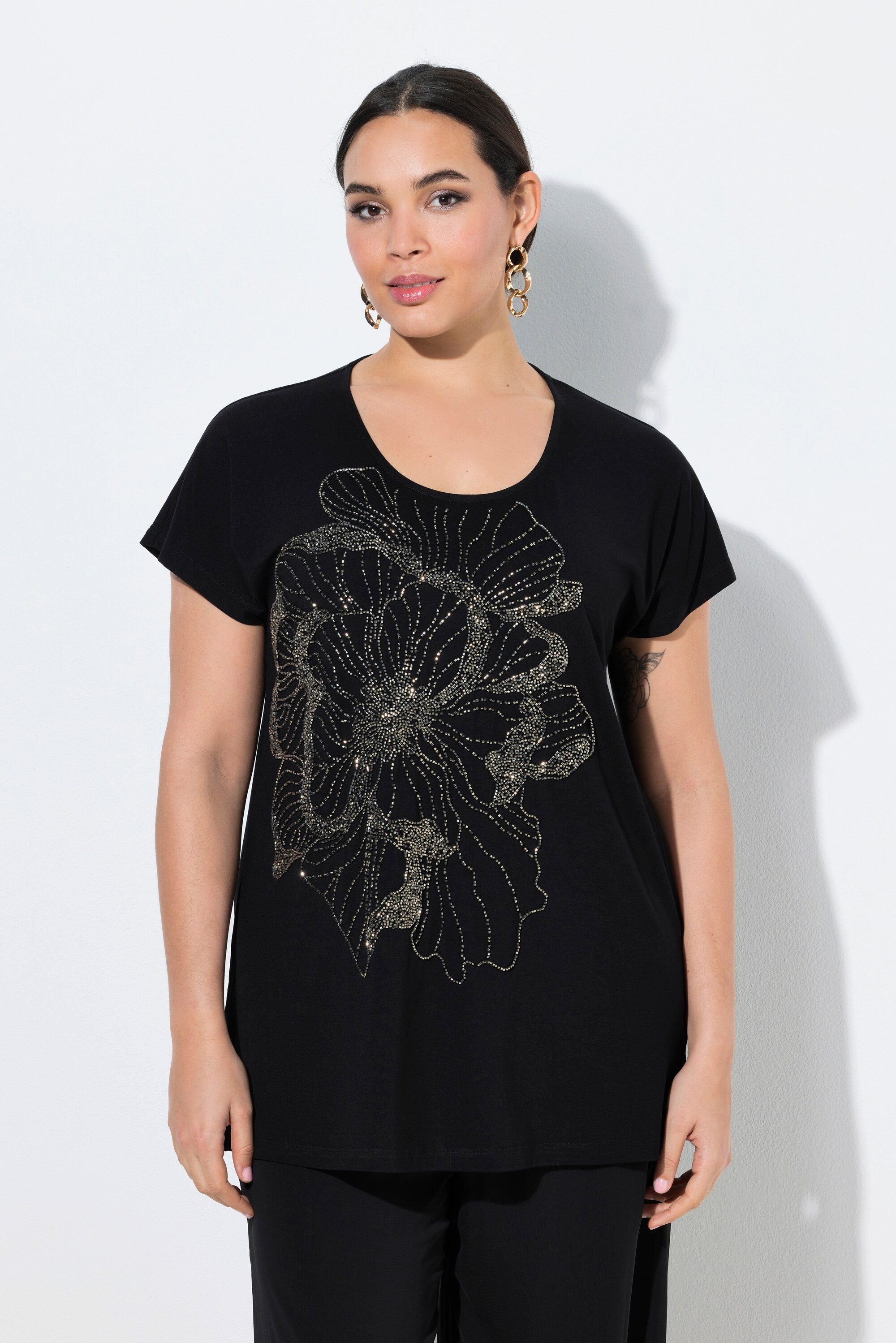 Ulla Popken T-Shirt T-Shirt Glitzersteinchen-Blüte Rundhals Halbarm