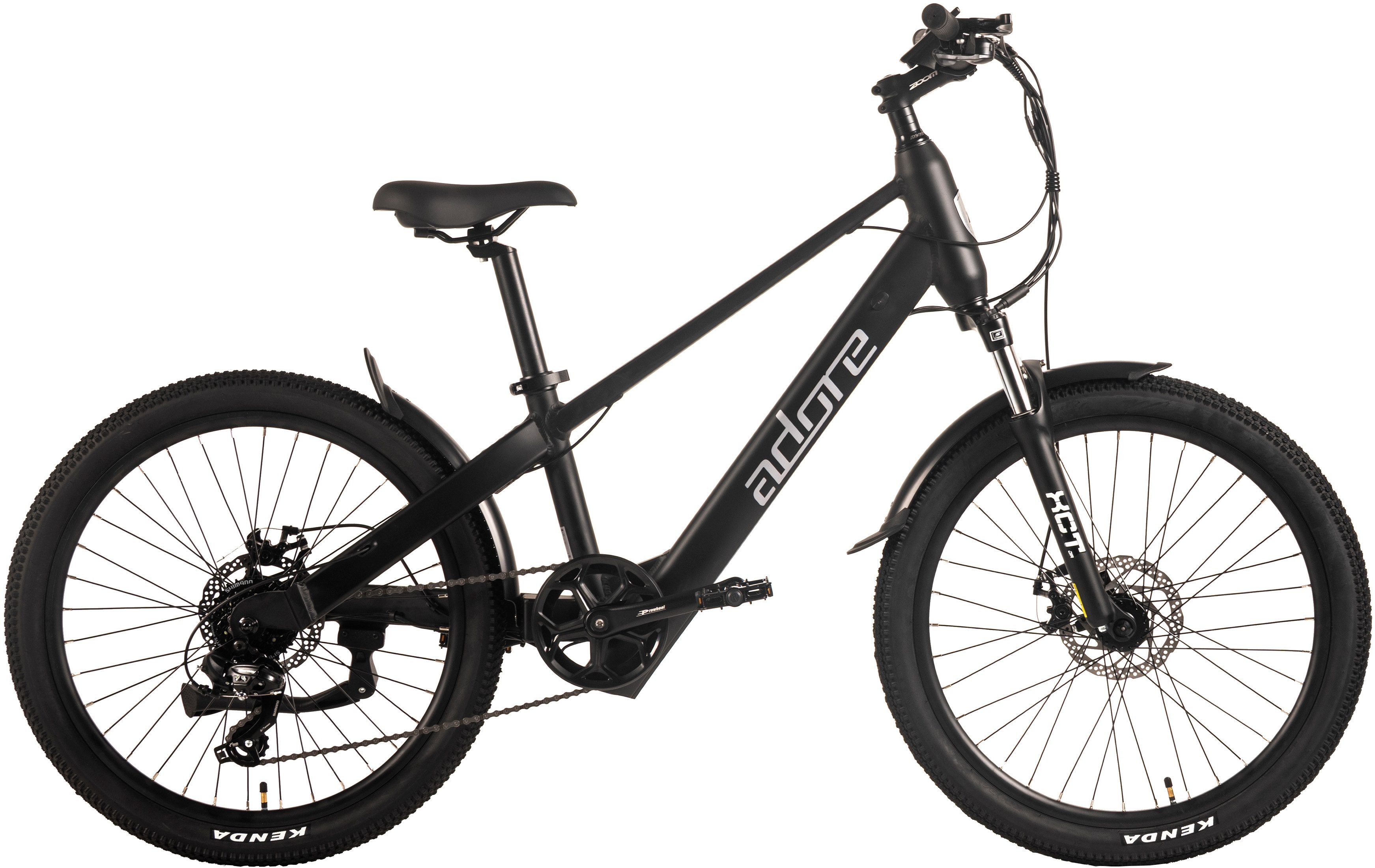 Adore E-Bike Mountainbike 24" Alu Kids Citybike KS-240 Heckmotor 45NM / 10,4Ah Pitch Black matt, 7 Gang Shimano Tourney Schaltwerk, Kettenschaltung, Heckmotor, 374,4 Wh, Pedelec, Elektrofahrrad für Damen und Herren, MTB