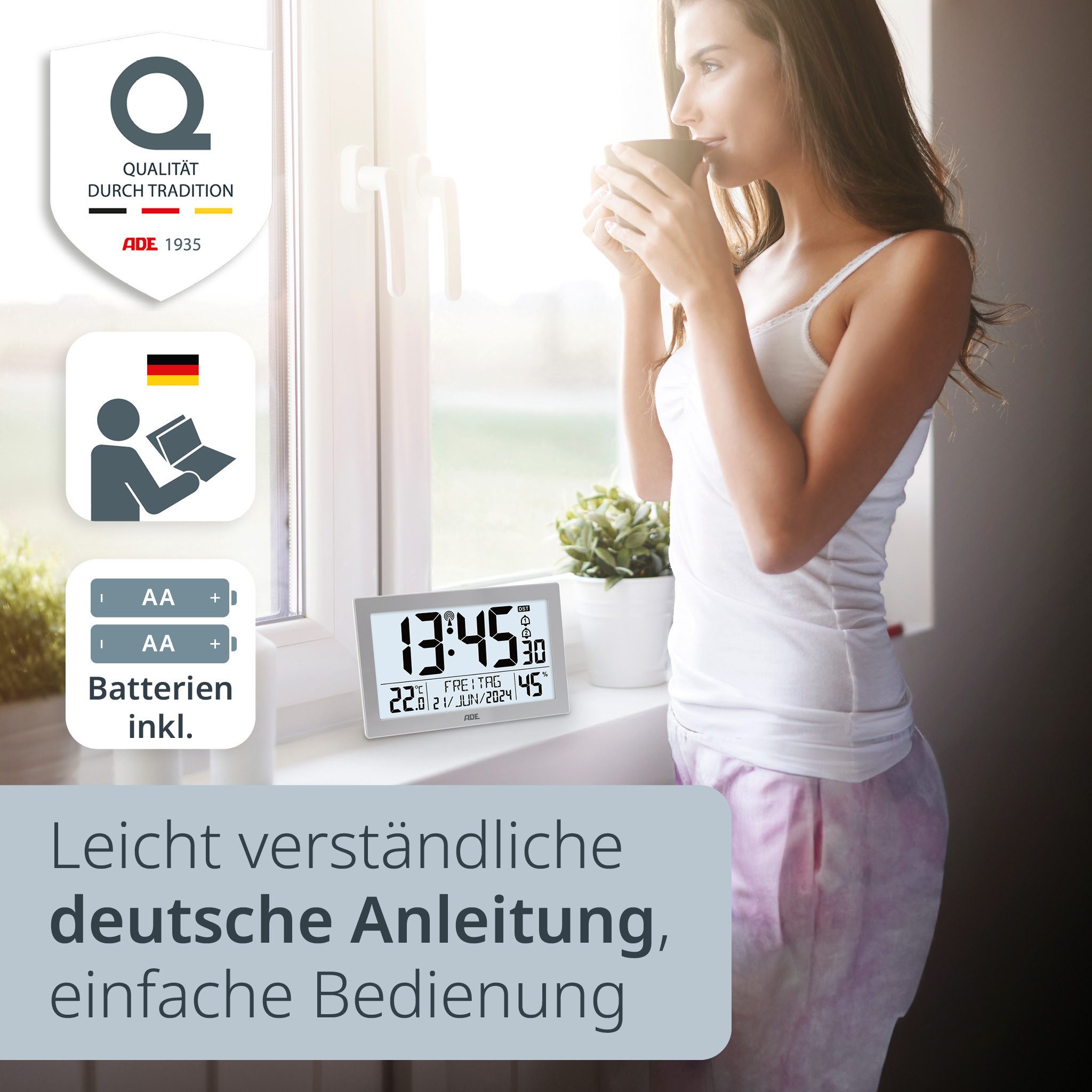 ADE Funktischuhr Digitale extragroße Wand- oder Tischuhr mit Beleuchtung mit Temperaturanzeige und Luftfeuchtigkeit, ideal für Senioren