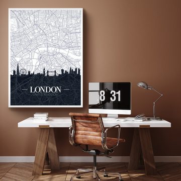 wandmotiv24 Leinwandbild Stadt Karte, Hochformat, London, England, Großbritannien, Skyline, Weltkarten (1 St), Wandbild, Wanddeko, Leinwandbilder in versch. Größen