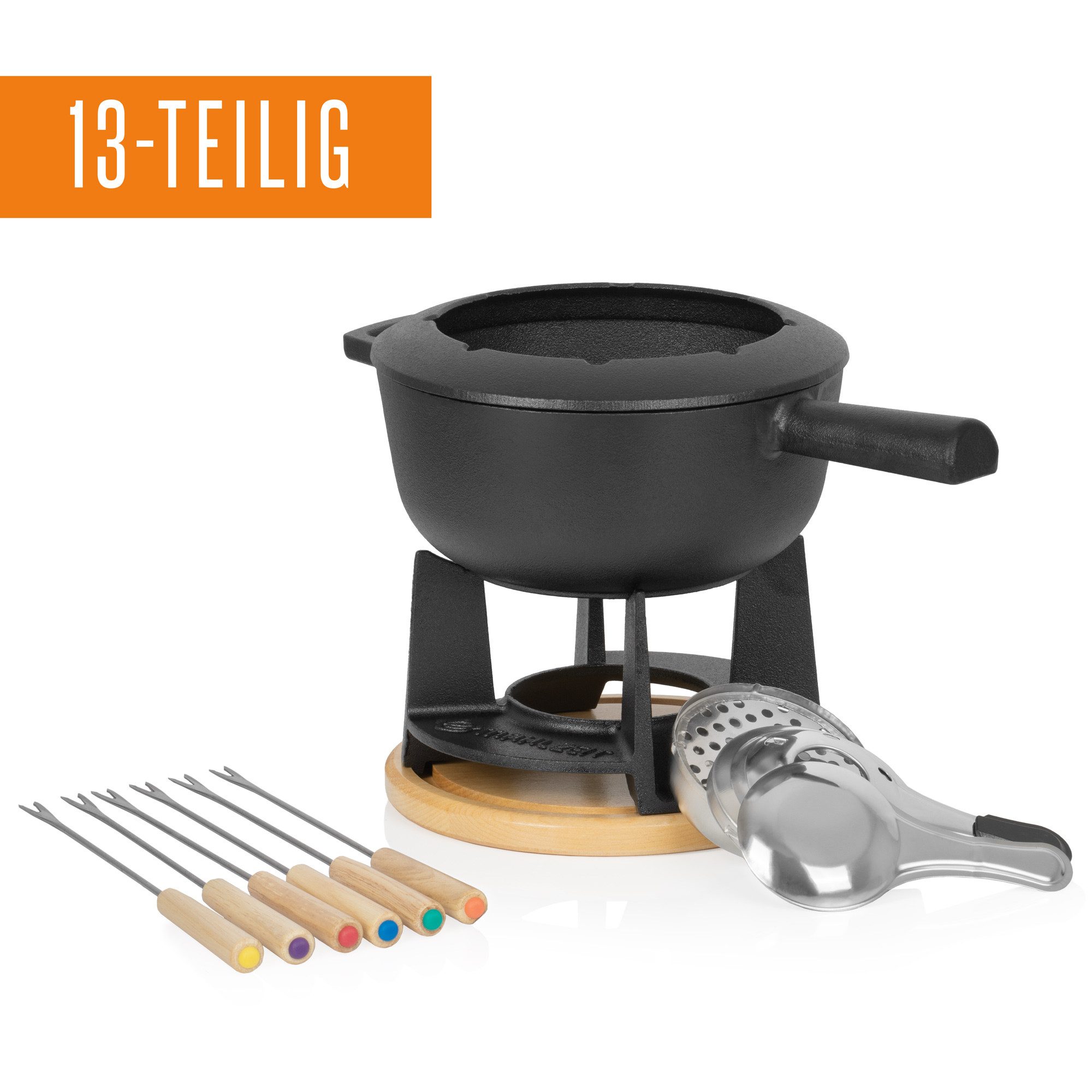 Mahlzeit Fondue 13-tlg. Gusseisen Fondue Set für 6 Personen, 2 L, preseasoned, 6 Fonduegabeln, 2.00 l, für Käsefondue, Schokoladenfondue, Fleischfondue