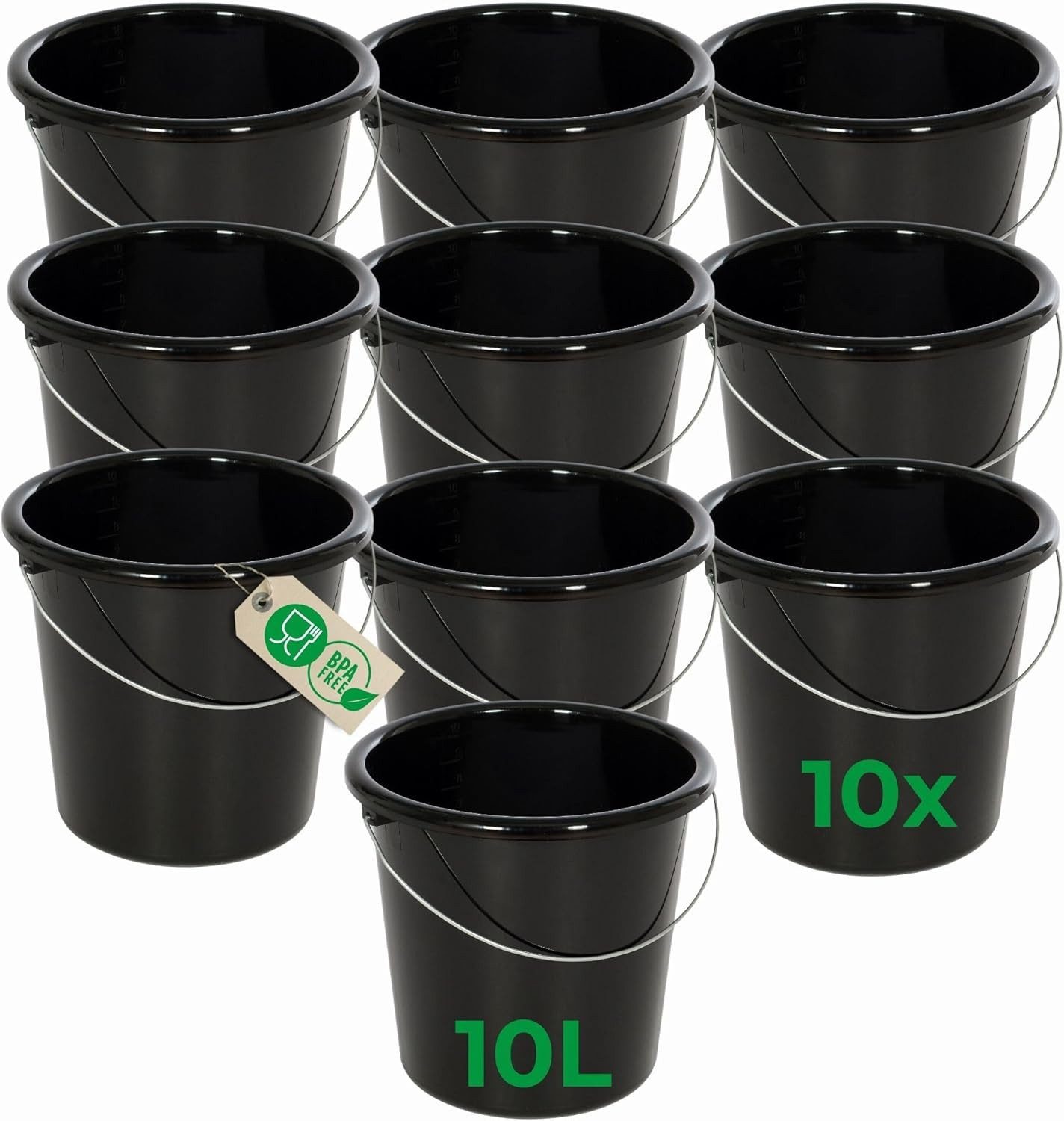 Novaliv Putzeimer 30945-10x, (10-tlg), Novaliv 10 Stück Eimer 10L Schwarz mit Maßeinteilung - Putzeimer 10 Li