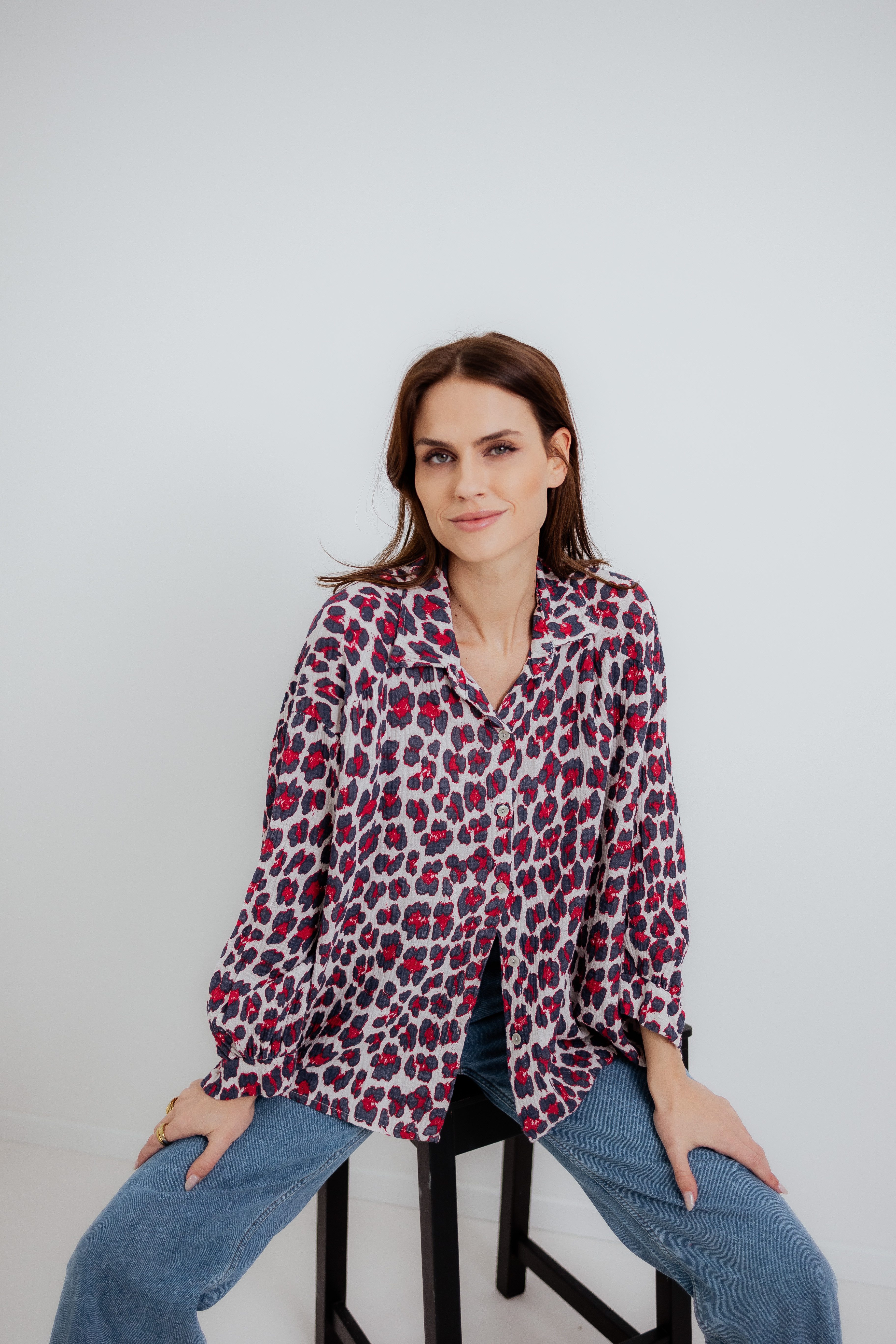Langarmbluse Kurze Musselinbluse Leo Blau/Rot – Baumwolle – Animalprint - Onesize