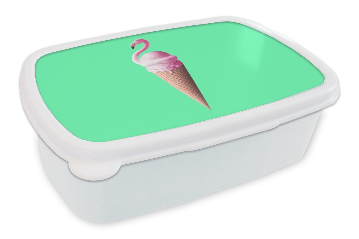MuchoWow Lunchbox Eistüten - Eiscreme - Flamingo - Rosa - Grün, Kunststoff, (2-tlg), Brotbox für Kinder und Erwachsene, Brotdose, für Jungs und Mädchen weiß