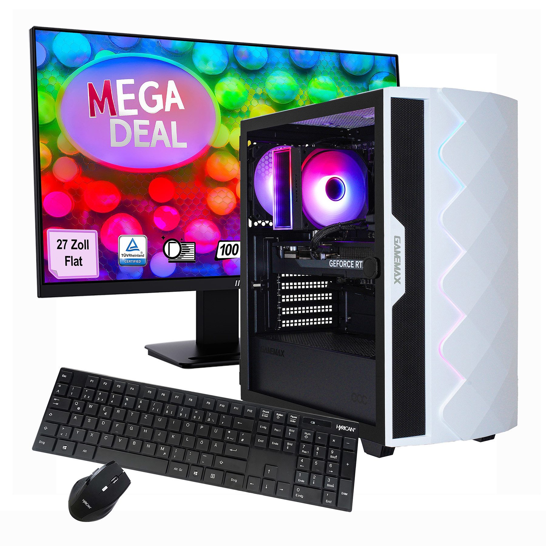 GAMEMAX MegaDeal Diamond WT 2716 Intel i7 14700F 16GB 1TB SSD RTX 5070 Gaming-PC-Komplettsystem (27", Intel® Core i7 14700F, RTX 5070, 16 GB RAM, 1000 GB SSD, Windows 11 + MSI PRO MP273A Monitor, 69cm (27)