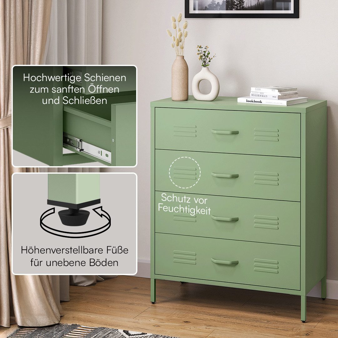 skølm Kommode Atria aus Metall (Grün), Sideboard mit 4 Schubladen, Metallschrank mit höhenverstellbaren Füßen