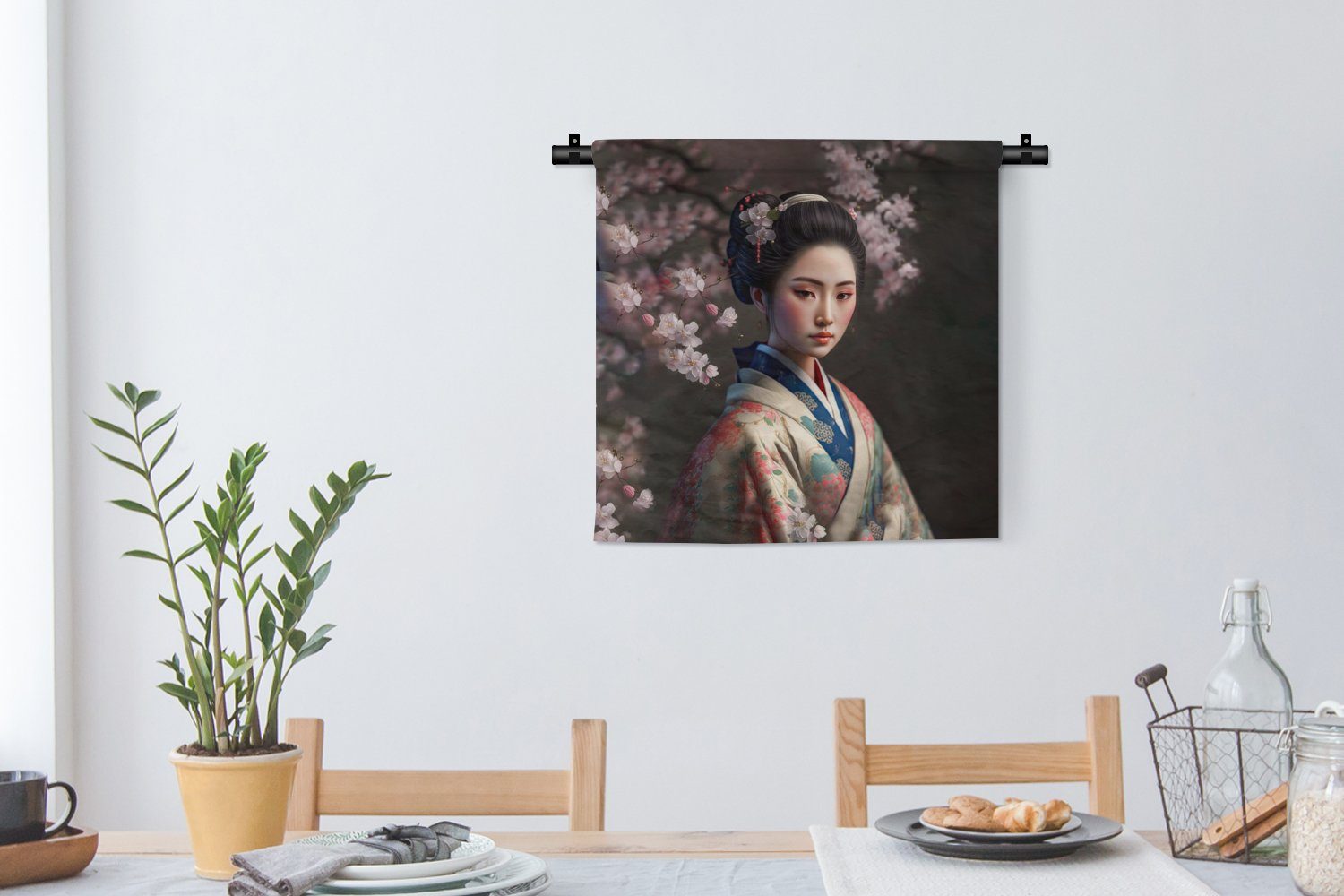 MuchoWow Wanddekoobjekt Frau Schlafzimmer, Sakura Wohnzimmer, - - Wanddeko - - Kleid, für Kimono Kinderzimmer Asiatisch Porträt, Wandbehang