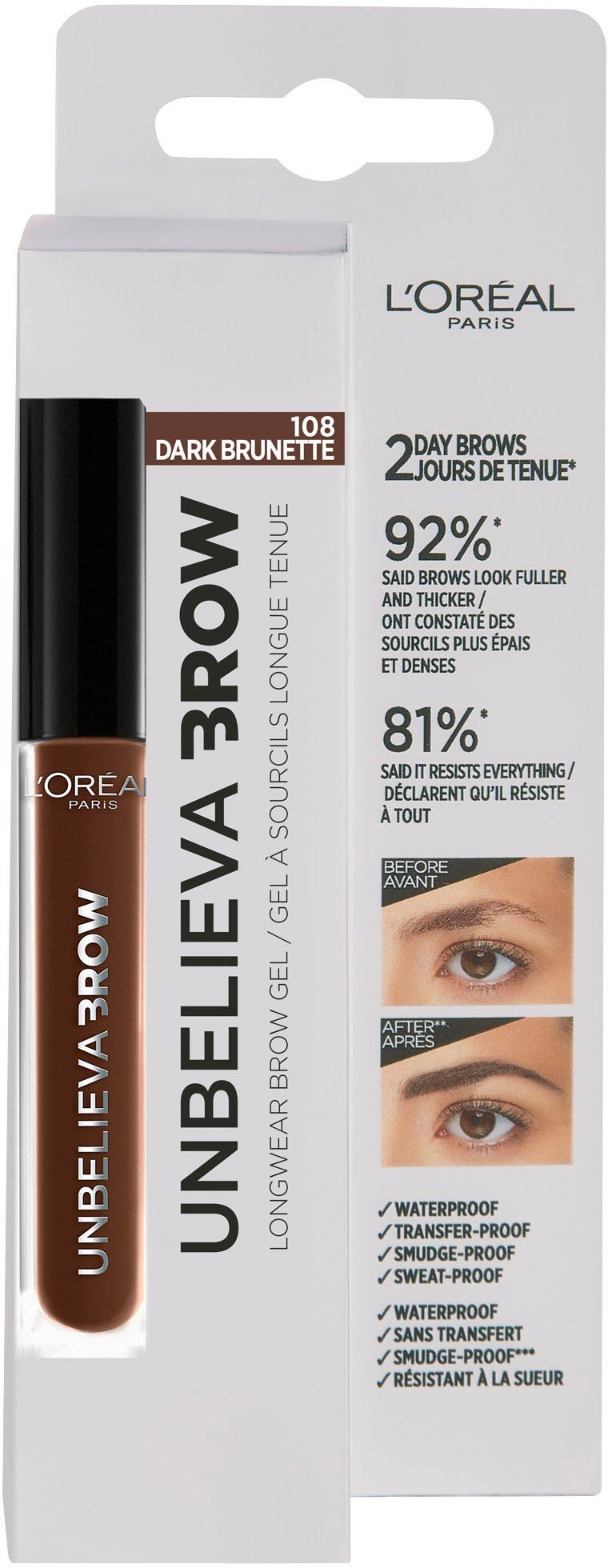Unbelieva L'ORÉAL mit Augen-Make-Up Augenbrauen-Gel 3.0 unterschiedlichen Brow, Brunette PARIS Applikatoren, wischfest,