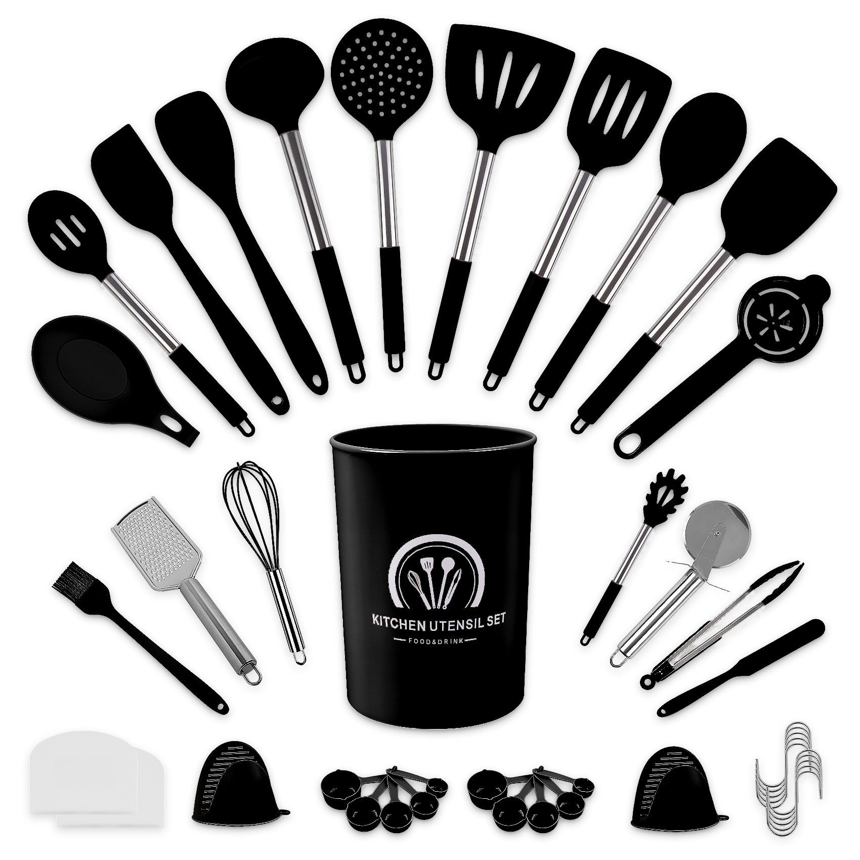 ElitVita Kochbesteck-Set 45 Silikon Küchenhelfer, Edelstahl Griff, mit Spatel Suppenkelle (45-tlg., Spatel, Suppenlöffel, Bratspatel, Puderkralle, Lebensmittelklammer), Mit Schneebesen Bratspatel Utensilienhalter Aufhängeschlaufe