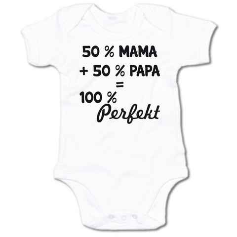 G-graphics Kurzarmbody Baby Body - 50 % Mama + 50 % Papa = 100 % Perfekt mit Spruch / Sprüche • Babykleidung • Geschenk zur Geburt / Taufe / Babyshower / Babyparty • Strampler