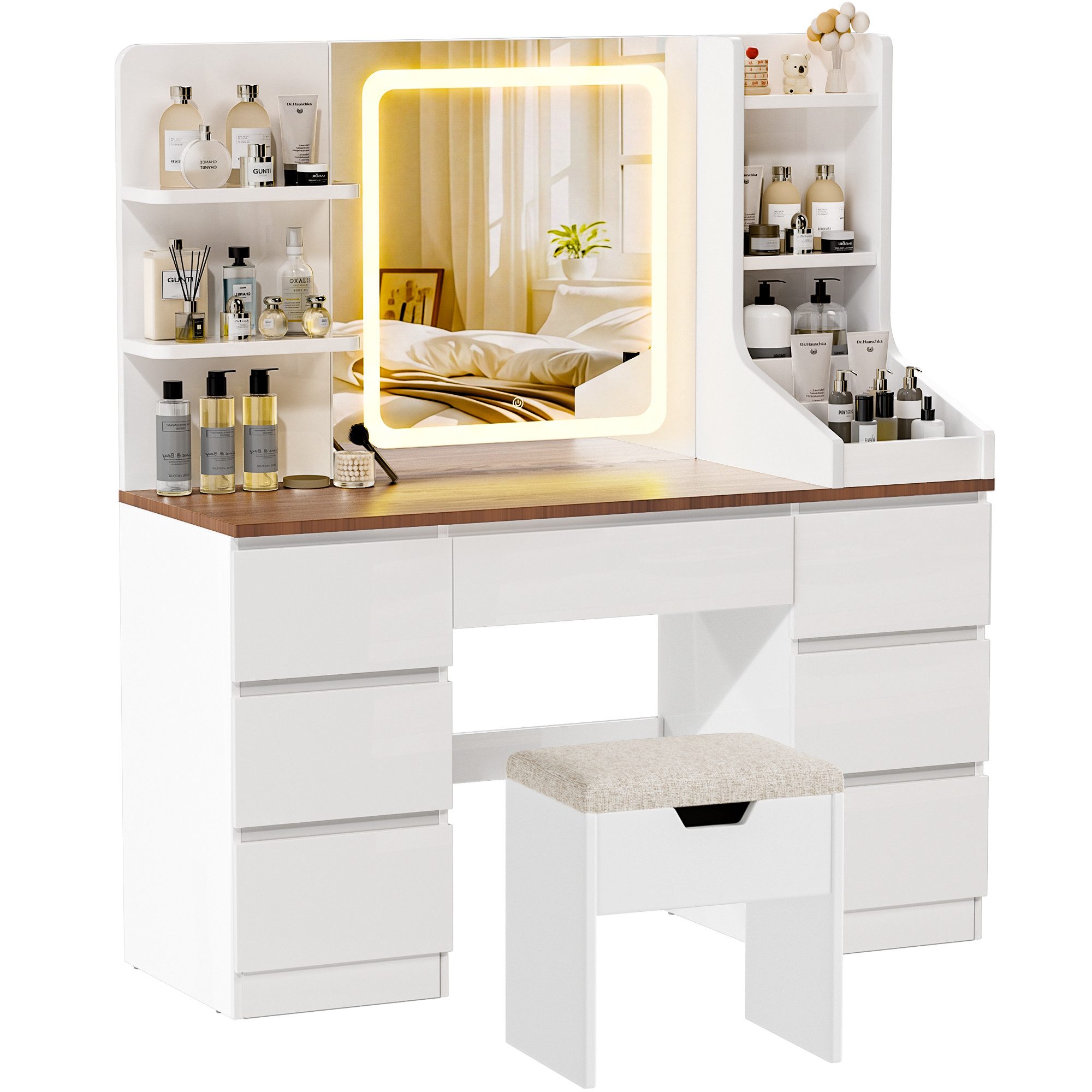HOMALL Schminktisch LED-Spiegel, 7 Schubladen, 110 cm breit, Aufbewahrungshocker optional (Schminktisch mit dimmbarem LED-Spiegel (3 Farben), 7 Schubladen + 8 Fächer, 110×40×139 cm – 5 Farben (Schwarz/Rosa/Vintage/Weiß/Weiß Hochglanz), Hocker opt., E1-Pla