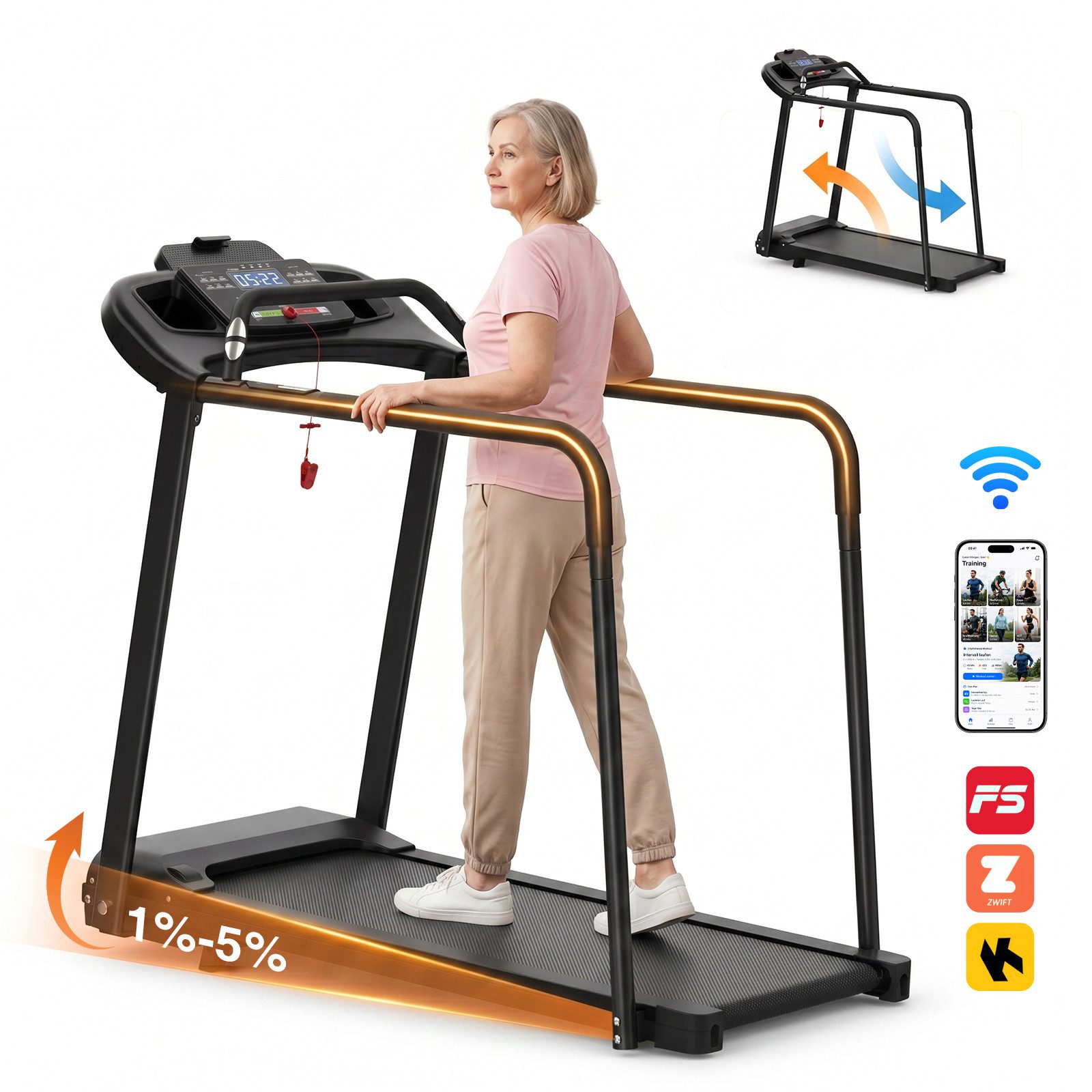 ANYSUN Laufband Laufband für Senioren,faltbares Laufband für Zuhause mit Handläufen (Großes LED-Display für ältere Menschen,Langes Geländer für das Gleichgewicht), Fitness-Trainingsgerät für ältere Menschen,Tragkraft bis 120 kg