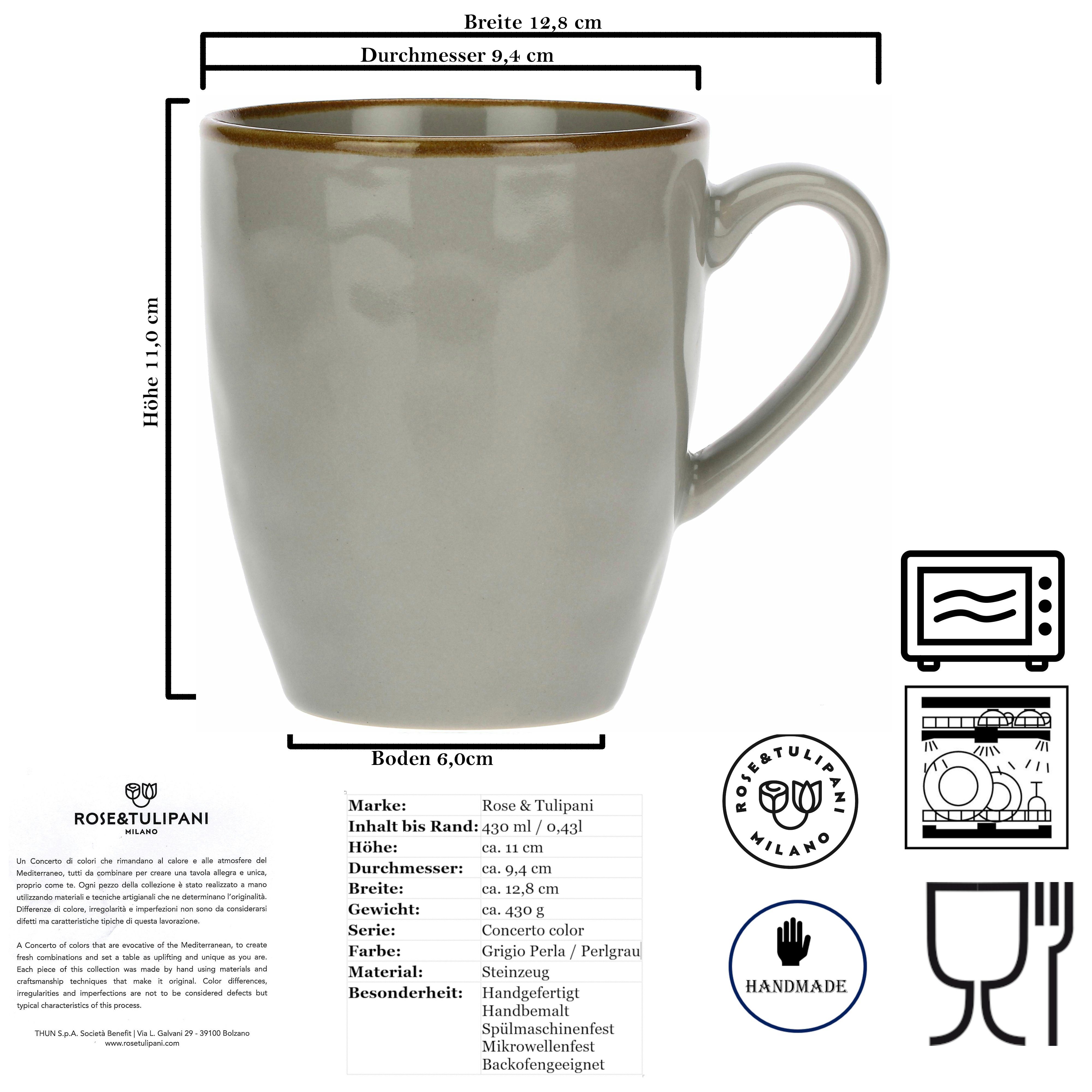 Becher Tasse 430ml Tulpani Grau, mit Backofengeeignet Handgefertigt, Rose Steingut, & Steingut Henkel Große Tasse