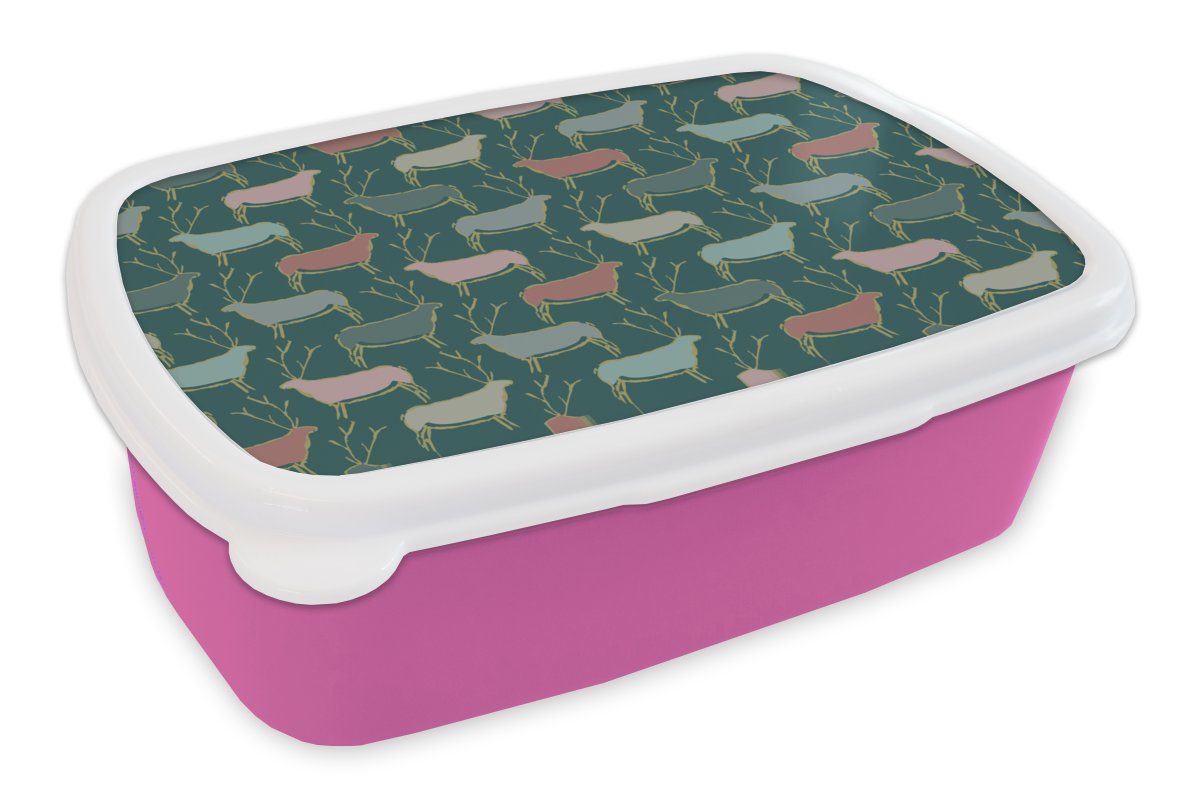 (2-tlg), Hirsche - Brotdose Snackbox, Kinder, für Brotbox - MuchoWow Erwachsene, Mädchen, Kunststoff Kunststoff, Lunchbox rosa Grün, Muster