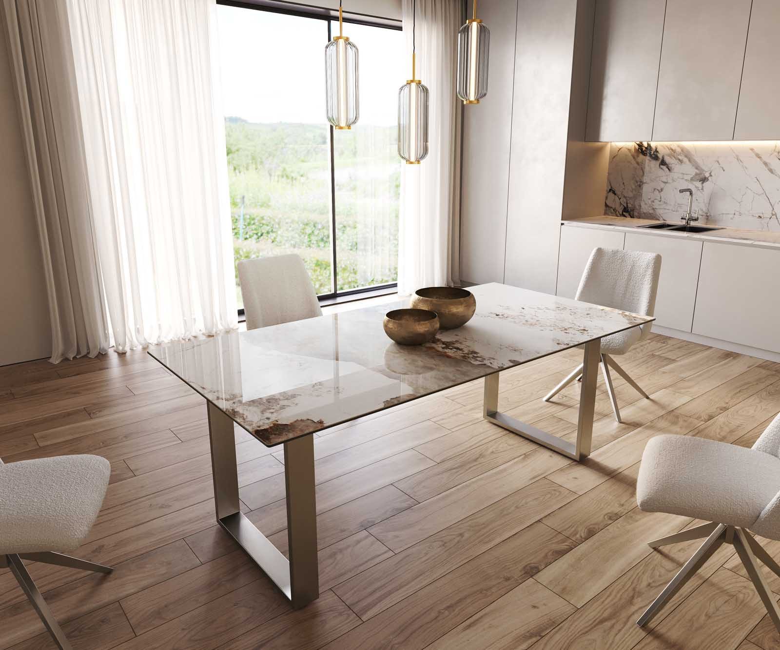 DELIFE Esstisch Edge, Keramik Minas Melange Weiß-Beige 200x100 Edelstahl Schmal