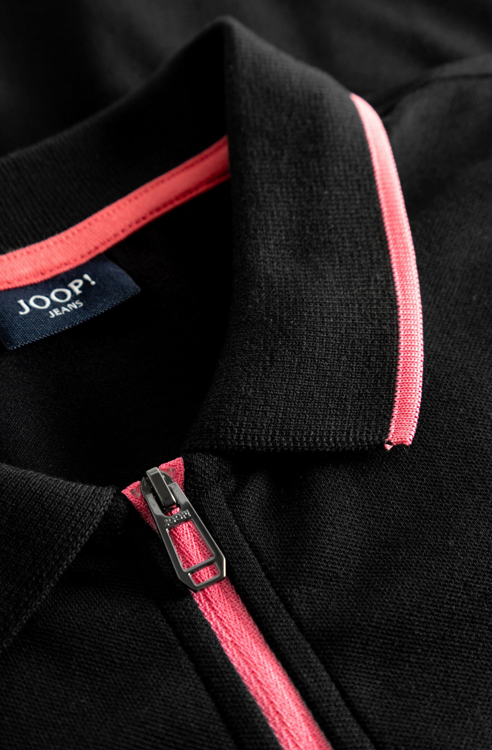 Joop Jeans Reißverschluss Adam schwarz Ausschnitt kontrastfarbenem am Poloshirt mit