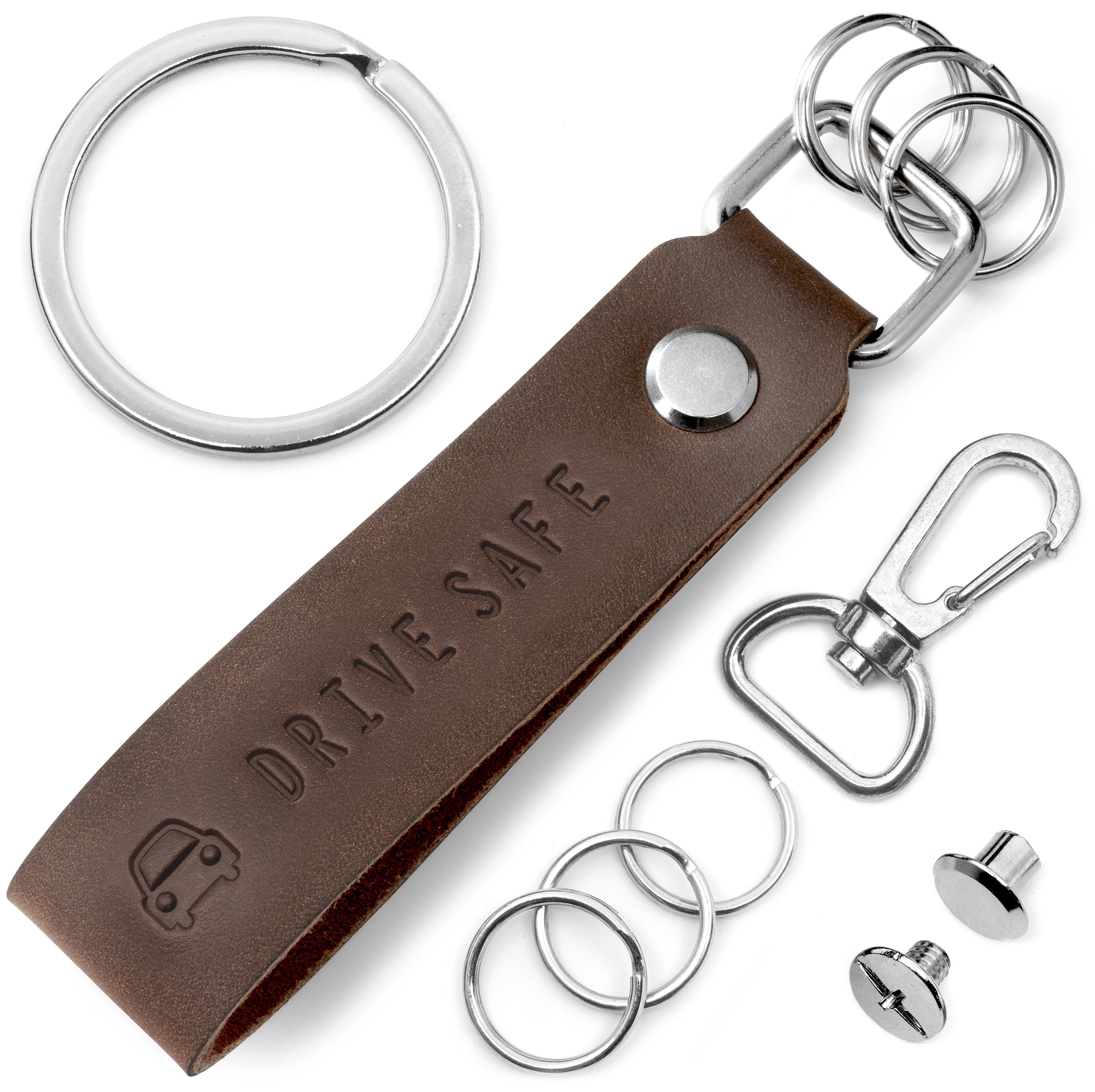 FABACH Schlüsselanhänger Leder Anhänger mit wechselbarem Schlüsselring - Gravur "Drive Safe" Braun