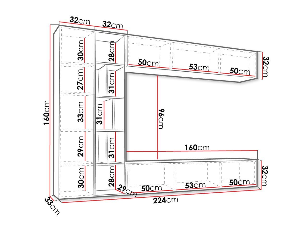 Weiß Wohnwand Kodita, 3x Hängeschrank, cm MIRJAN24 Wohnzimmer-Set, 224x33x160 Graphit Praktisch + Regal), (Komplett-Set,