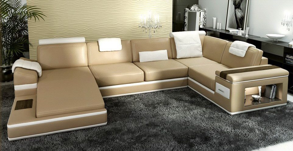 Xlmoebel Wohnlandschaft Eckcouch PHM104 in Beige aus Leder mit eleganter Polsterung, Hergestellt in Europa