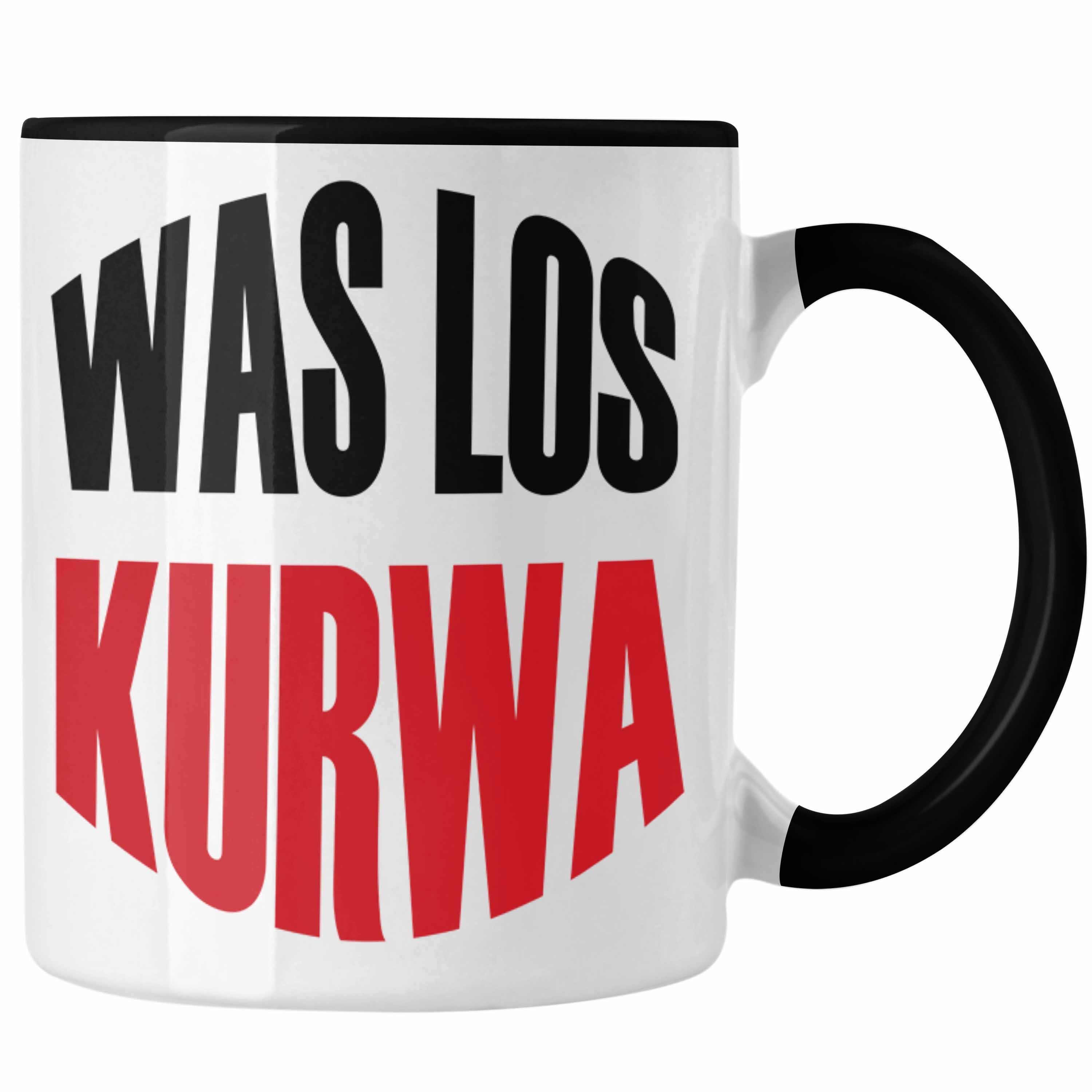 Trendation Tasse Lustige Tasse Spruch "Was Los Kurwa" Polen Polnisches Geschenk Schwarz