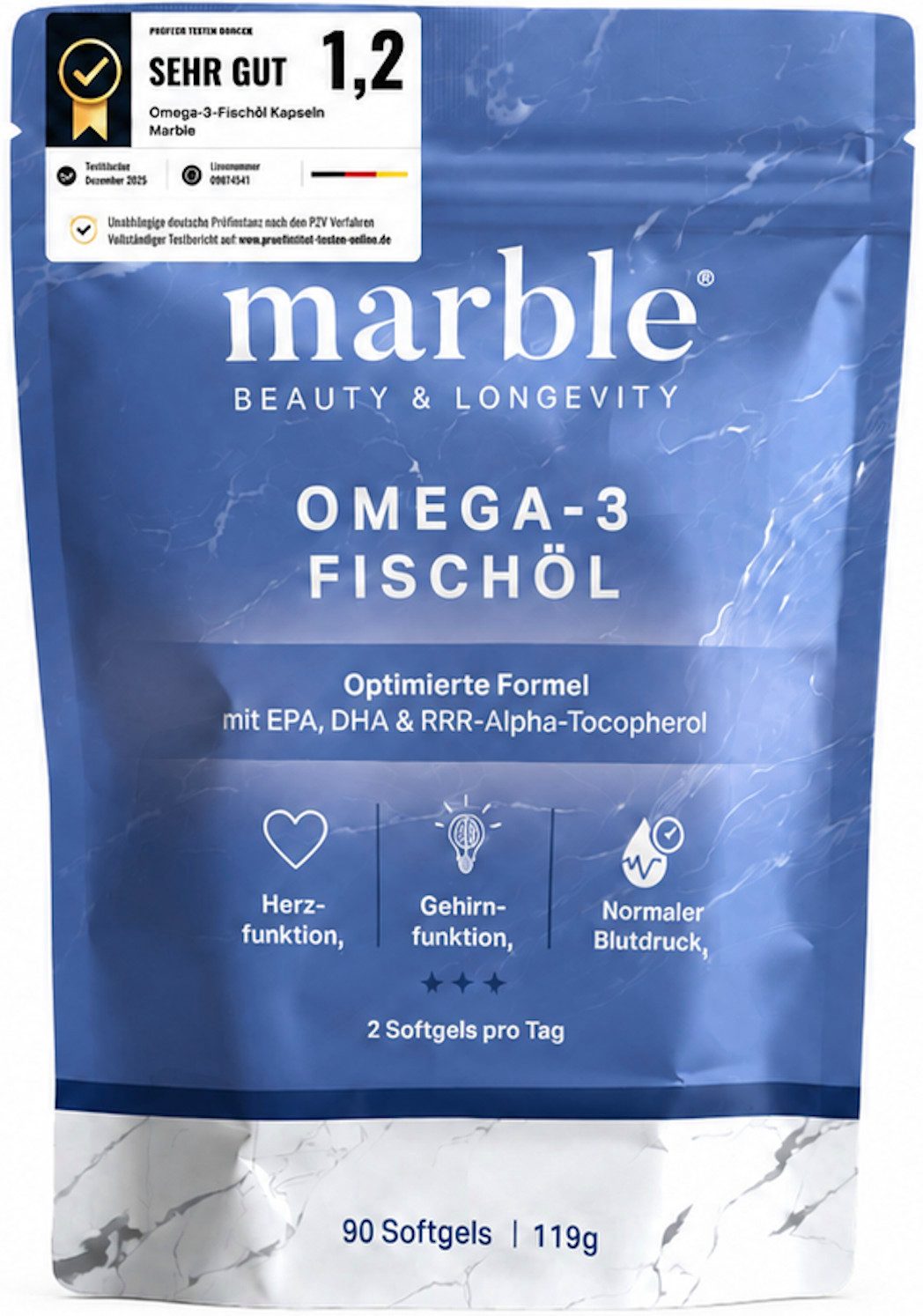 Marble Omega-3 Fischöl Kapseln mit EPA & DHA 90 Stück - marble® Softgel-Kapseln, 119 g