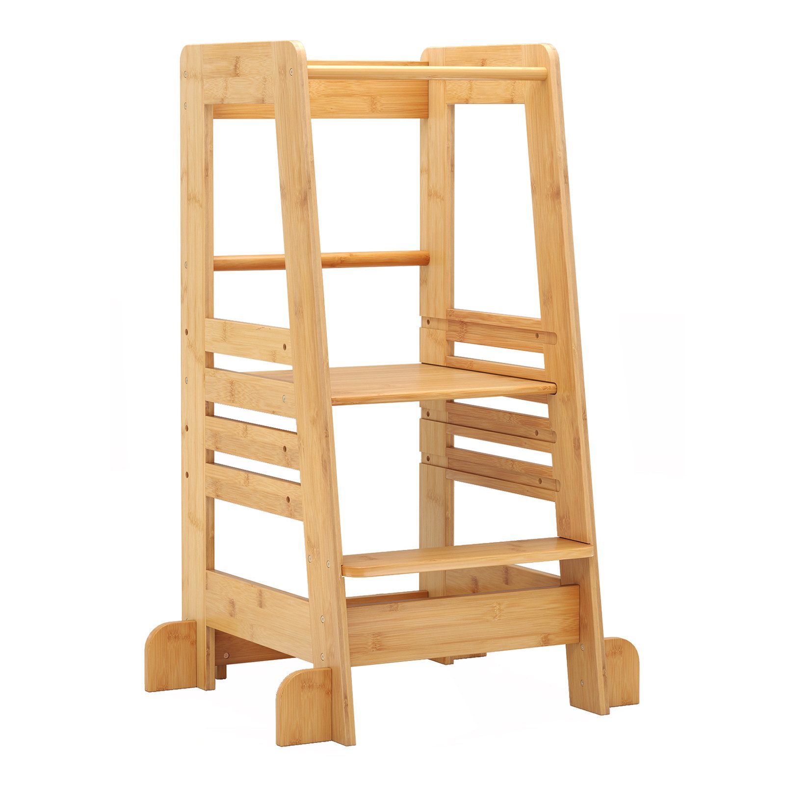 COSTWAY Tritthocker, Bambus Lernturm mit 4 Höhenstufen, Sicherheitsgeländer