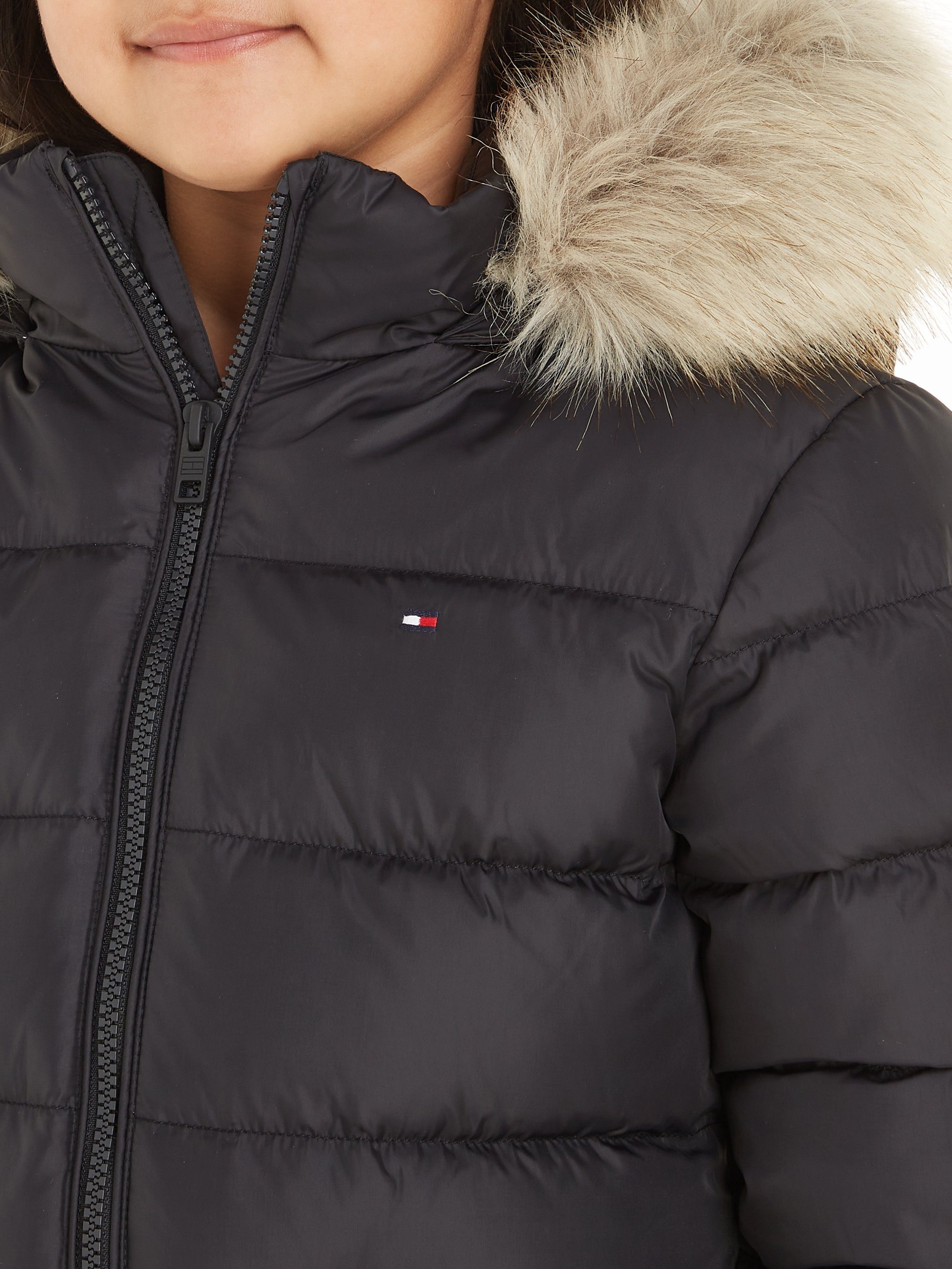 Kapuze mit Fellimitat HOOD Hilfiger der black Daunenjacke JACKET an ESSENTIAL Tommy DOWN FUR