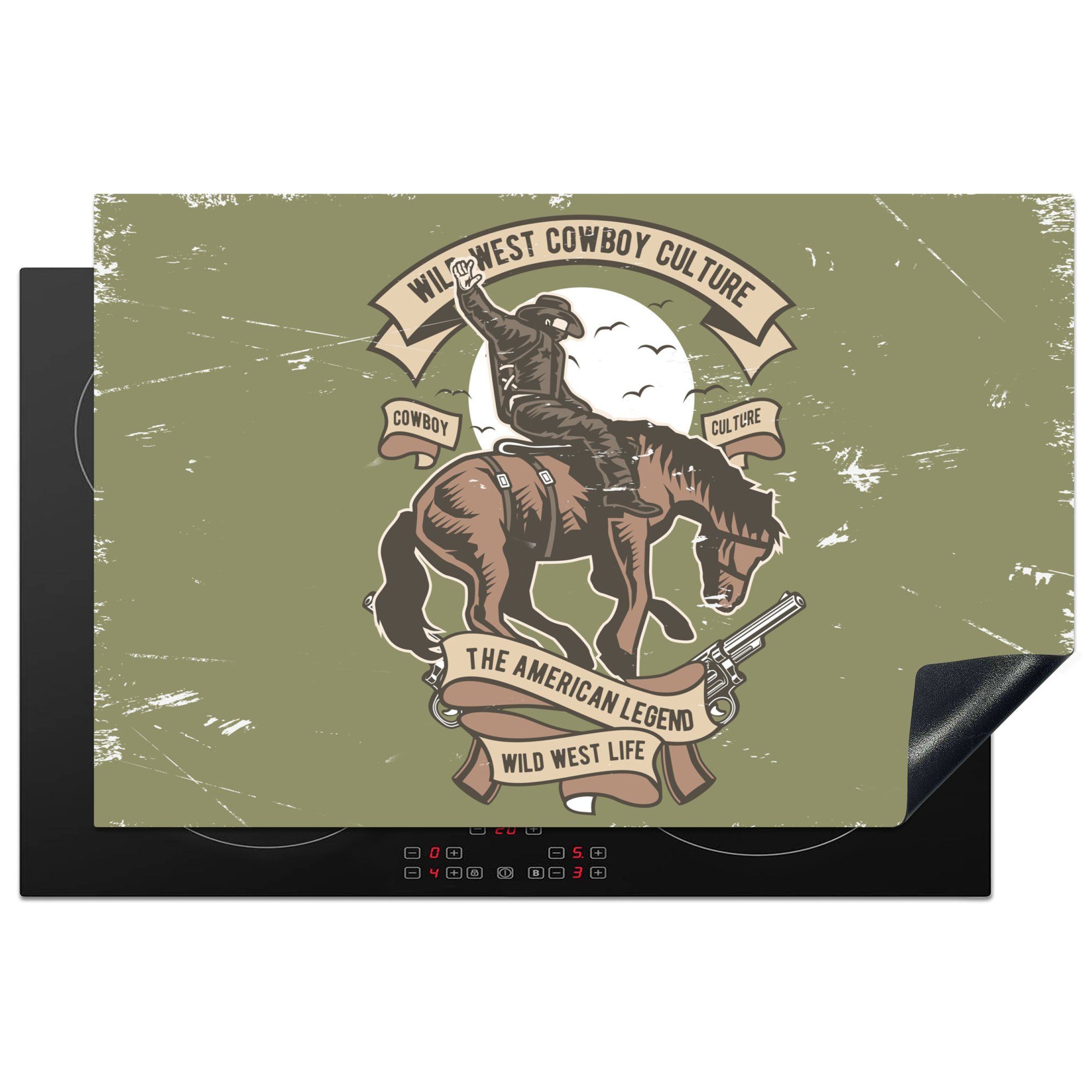 MuchoWow Herdblende-/Abdeckplatte Pferde - Cowboy Zeichnung, 81x52 Retro (1 küche, - Induktionskochfeld cm, die tlg), - Schutz Ceranfeldabdeckung für Vinyl