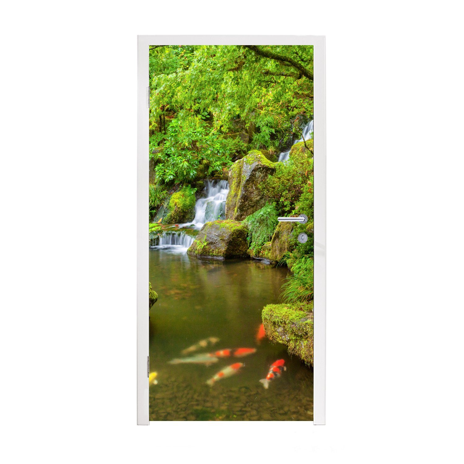 MuchoWow Türtapete Wasserfall - Koi - Japanische Laterne - Moos - Wasser, Matt, bedruckt, (1 St), Fototapete für Tür, Türaufkleber, 75x205 cm