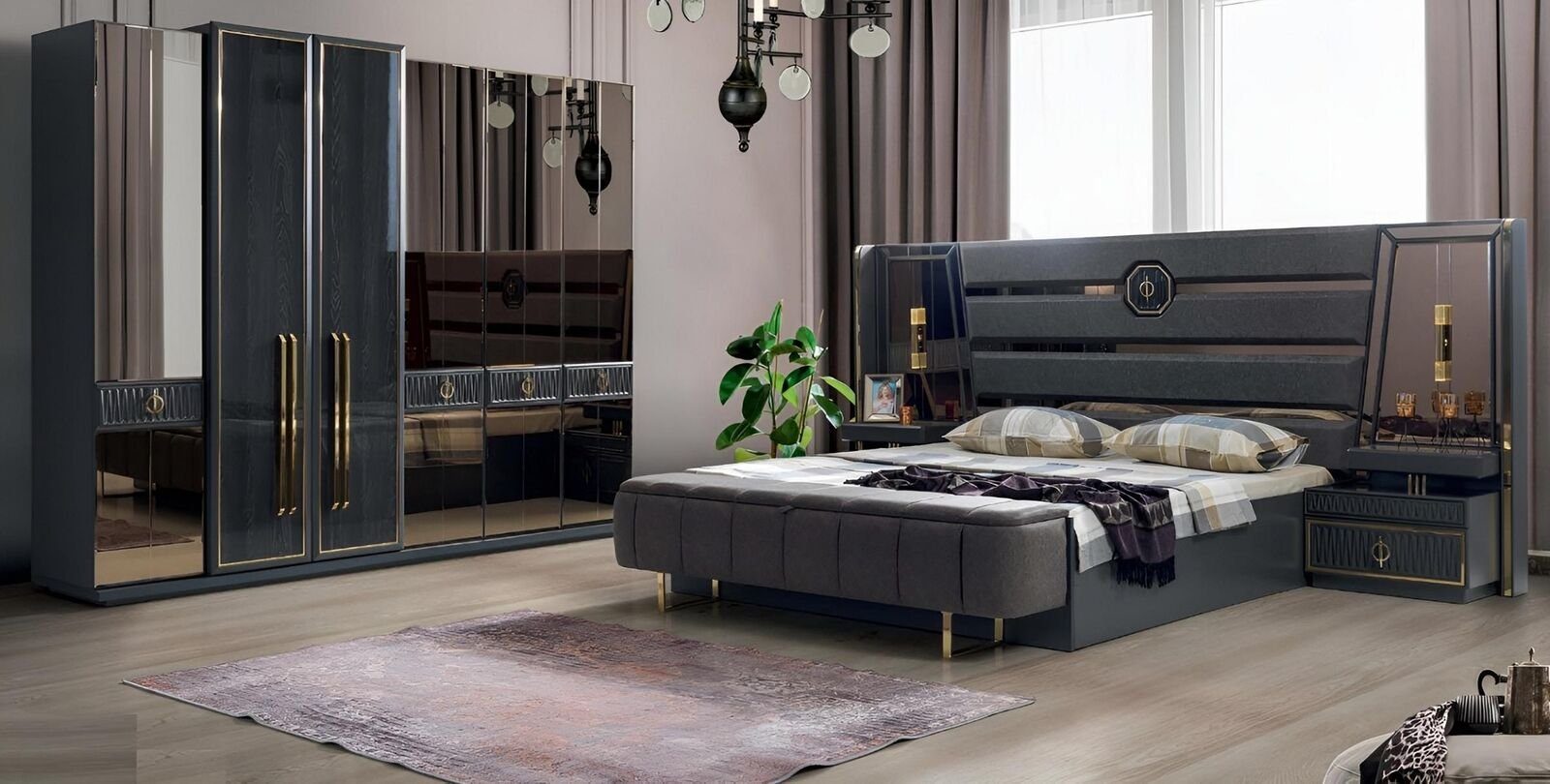 / Bett Made Kleiderschrank, Kleiderschrank), In / Luxus Doppel Europe Schlafzimmer Nachttische (Bett Schlafzimmer-Set Komplett JVmoebel 2x Set Design