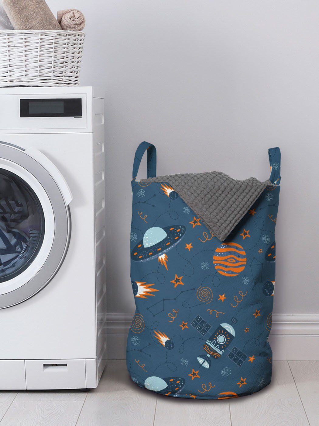 Abakuhaus Wäschesäckchen Wäschekorb mit für Griffen Kordelzugverschluss Waschsalons, Satelliten-Sterne Space Theme Ausländer