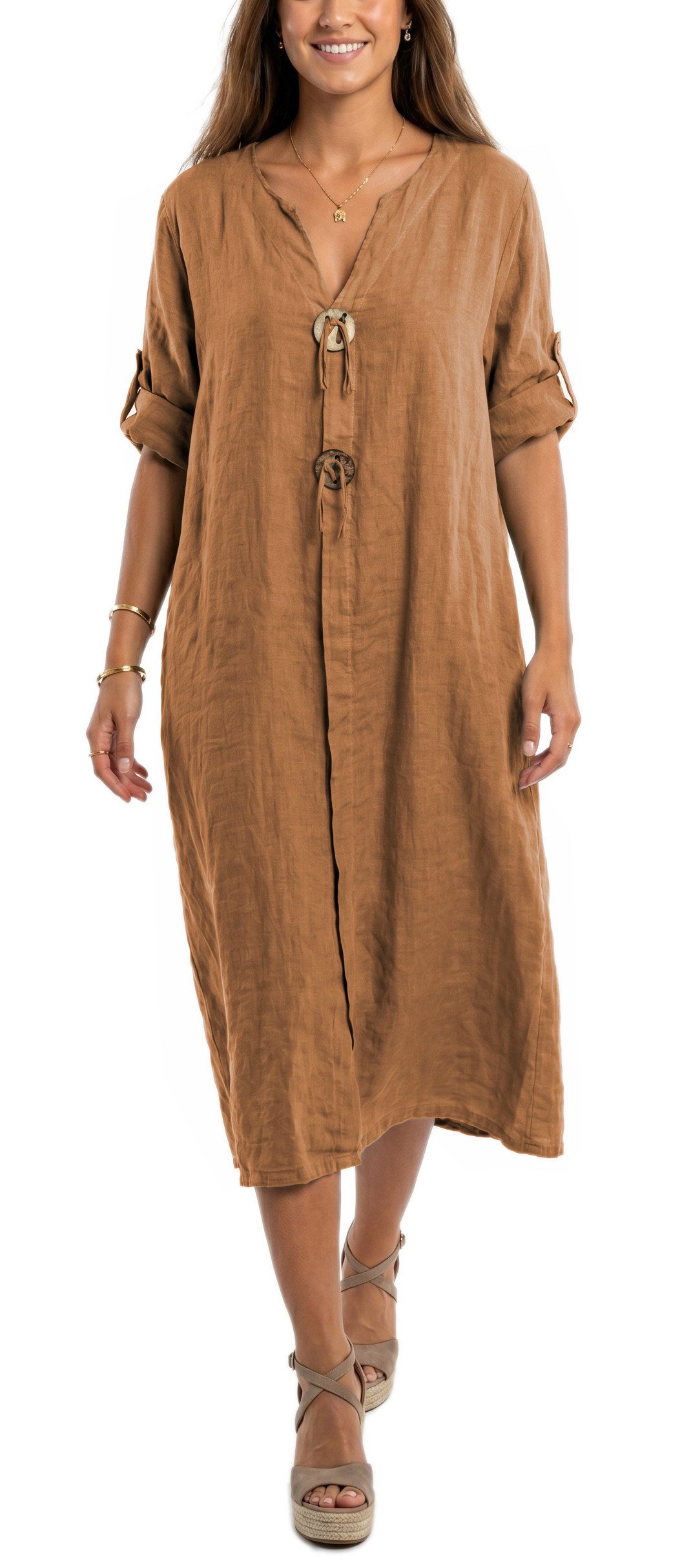 dy_mode Hemdblusenkleid Damen Leinenkleid Midi Hemdblusenkleid mit V-Ausschnitt Freizeitkleid in Unifarbe, V-Ausschnitt, mit seitlichen Eingriffstaschen